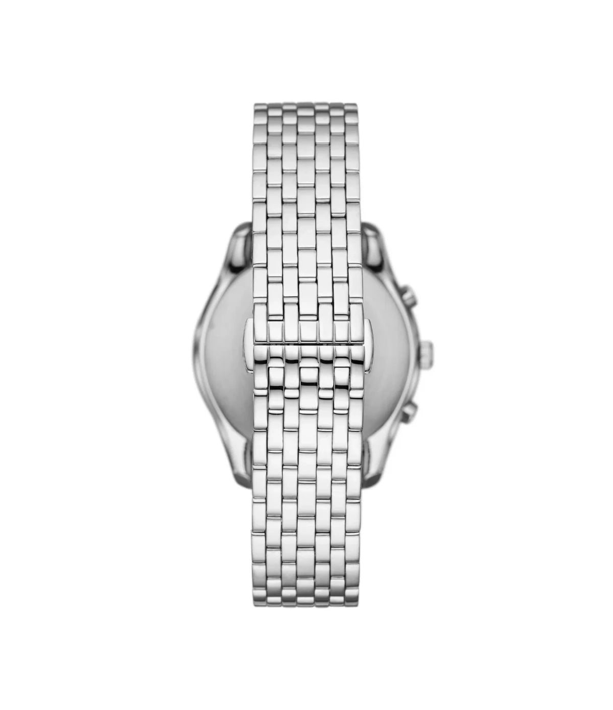 AR11581 Emporio Armani Antonio Chronograph Watch back view highlighting the silver stainless steel bracelet and deployment clasp at time vault