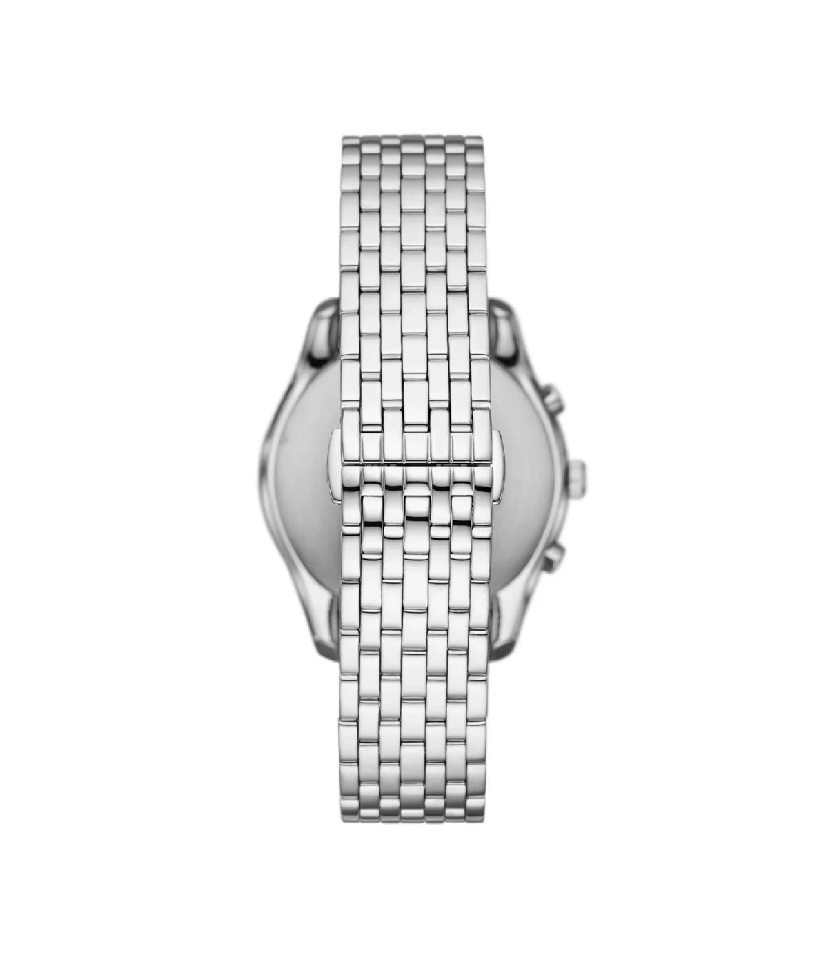 AR11582NLPNLC Emporio Armani Chronograph Stainless Steel Watch back view highlighting the polished silver stainless steel bracelet and folding clasp at time vault