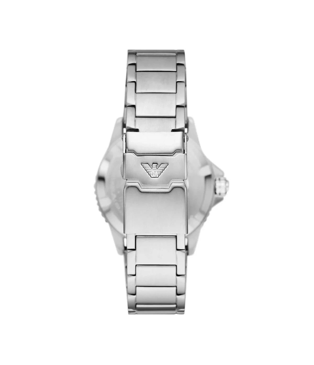 AR11589 Emporio Armani Diver Men's Stainless Steel Watch back view highlighting the brushed and polished stainless steel bracelet and clasp at time vault