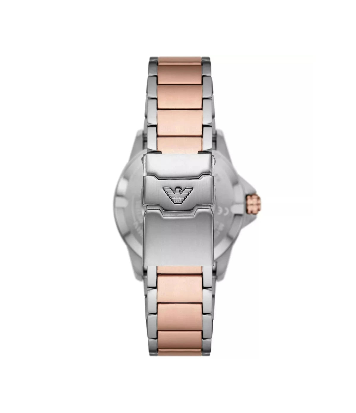 AR11591 Emporio Armani Diver Watch back view highlighting the two-tone silver and rose gold stainless steel bracelet at time vault
