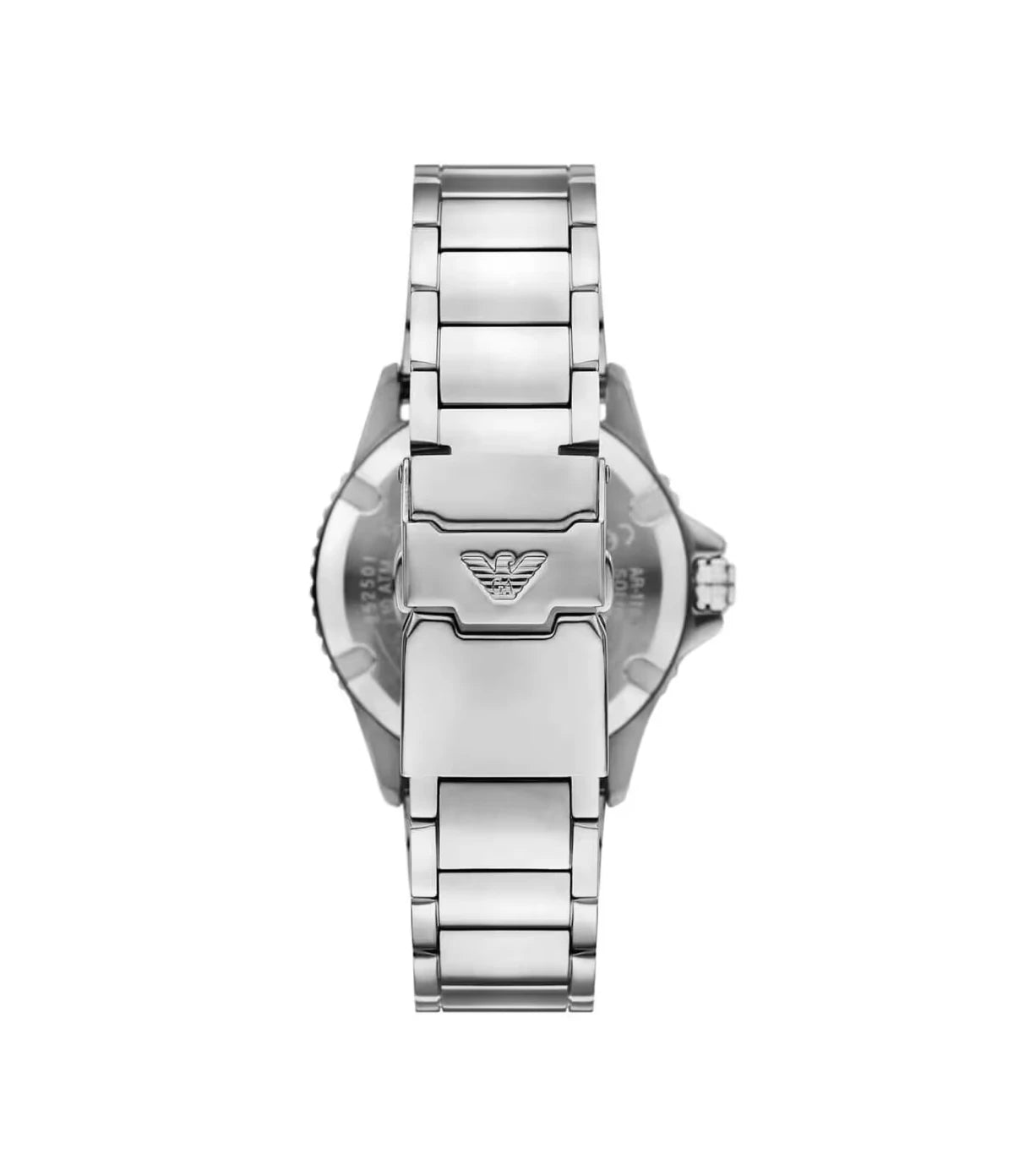 AR11683 Emporio Armani World Explorer Stainless Steel Watch back view highlighting the stainless steel bracelet strap and engraved case back at time vault