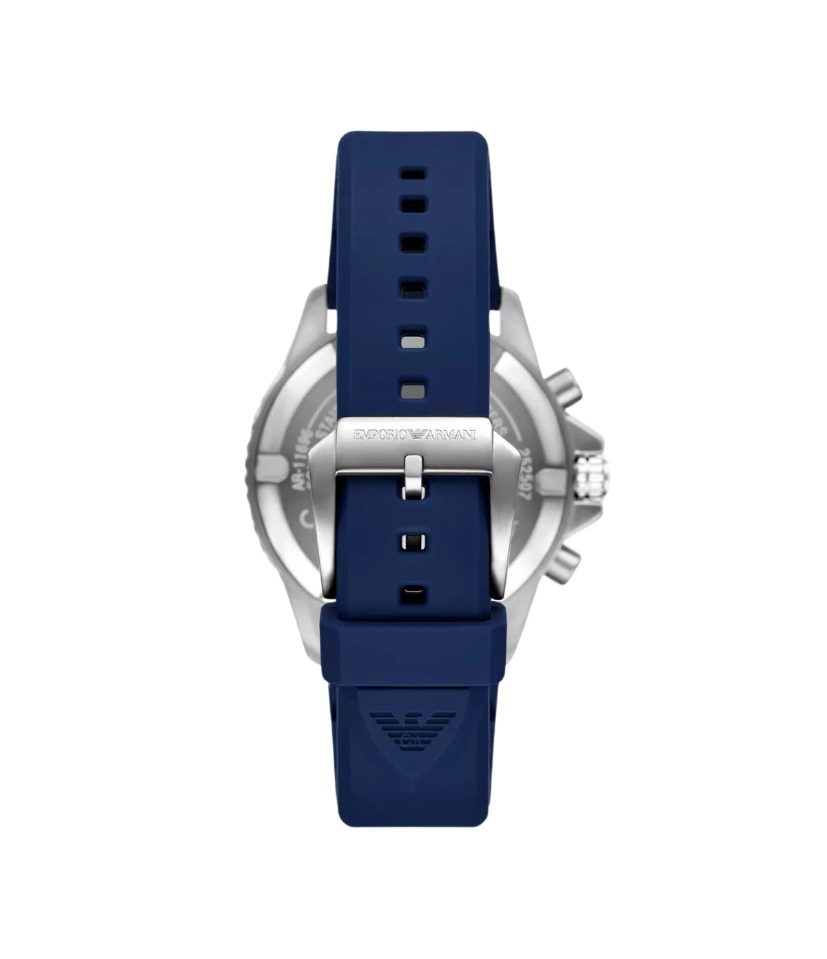 AR11696 Emporio Armani World Explorer Solar-Powered Chronograph Watch back view highlighting the dark blue silicone strap and engraved case back at time vault