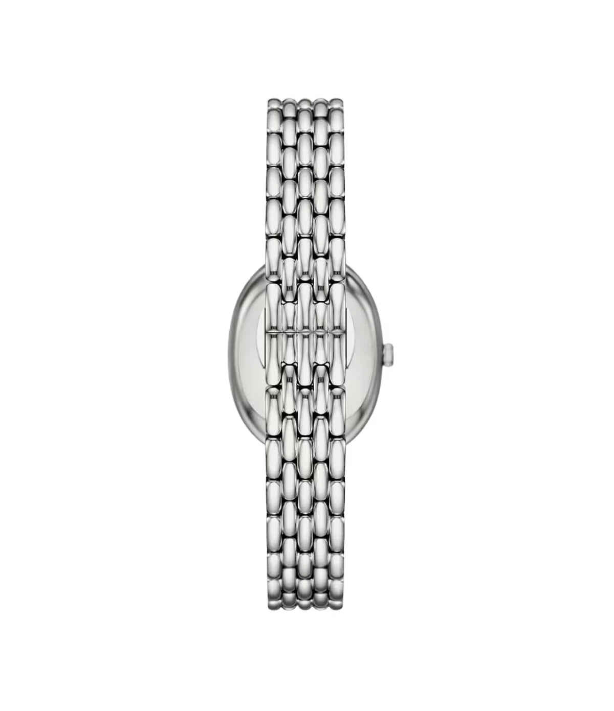 AR11706 Emporio Armani Two-Hand Stainless Steel Watch back view highlighting the intricate multilink silver stainless steel bracelet at time vault