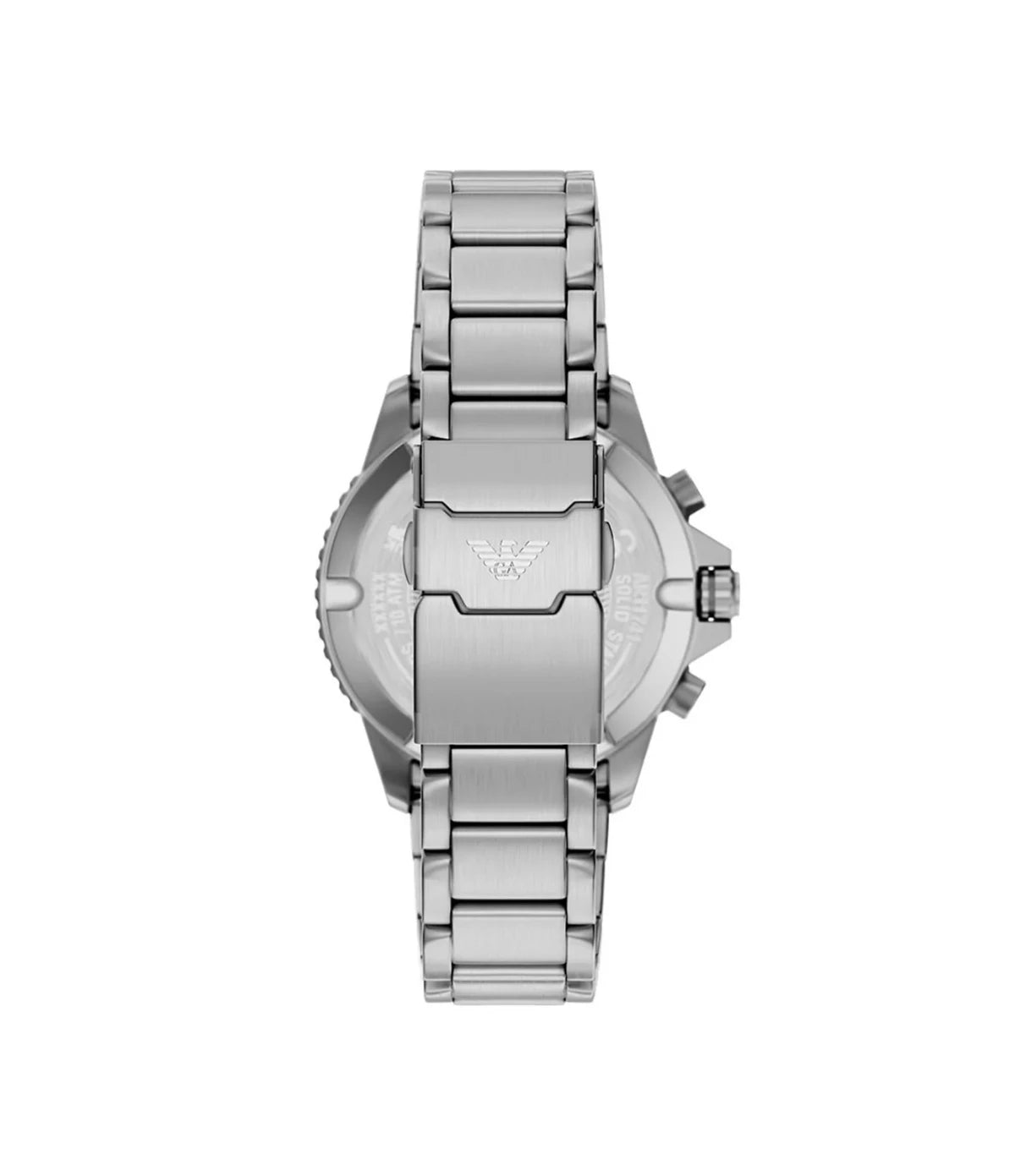 AR11741 Emporio Armani World Explorer Solar Green Dial Watch back view highlighting the silver stainless steel bracelet and engraved case back at time vault