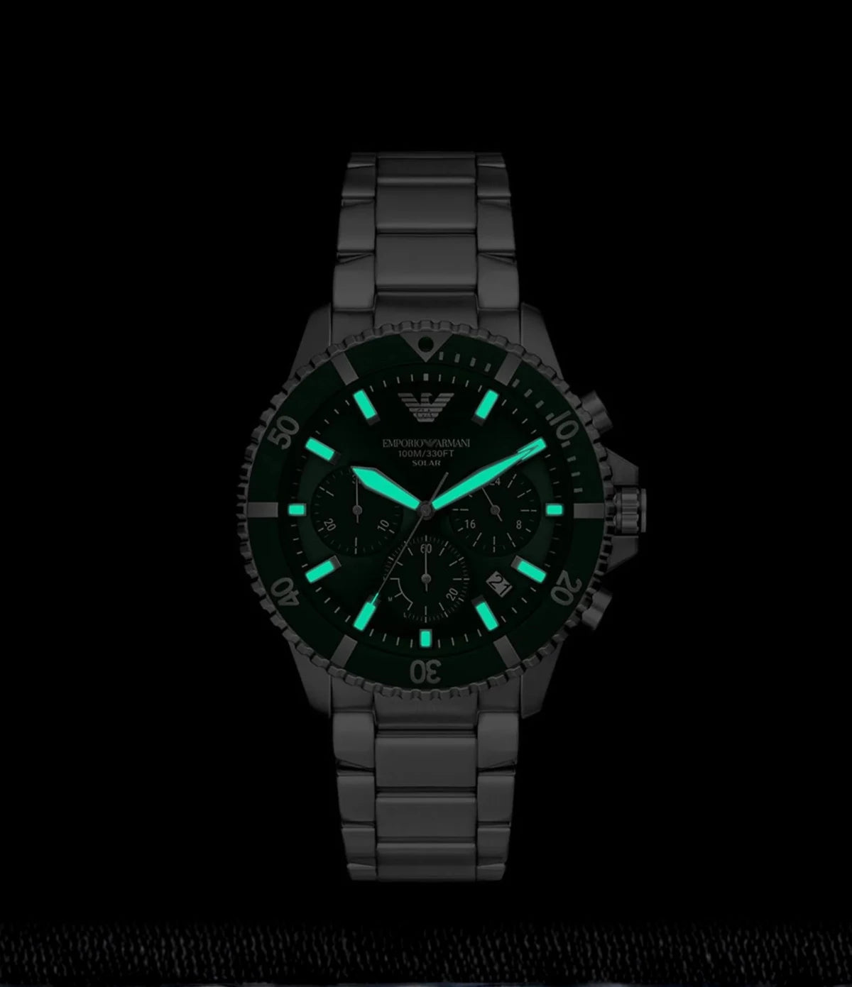 AR11741 Emporio Armani World Explorer Solar Green Dial Watch front view highlighting the glow in the dark effect