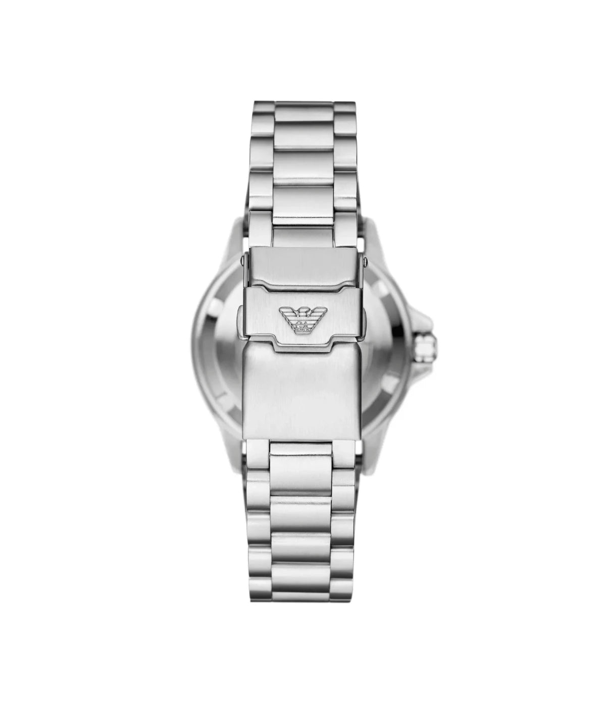 AR60080 and AR60079 Emporio Armani Sea Explorer Automatic Stainless Steel Watch back view highlighting the stainless steel bracelet and fold-over push-button clasp at time vault