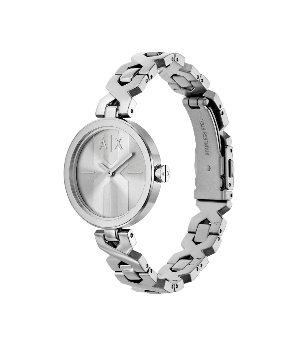 Side profile of the Armani Exchange Ava AX5830 showing the round stainless steel case and jewellery-inspired bracelet