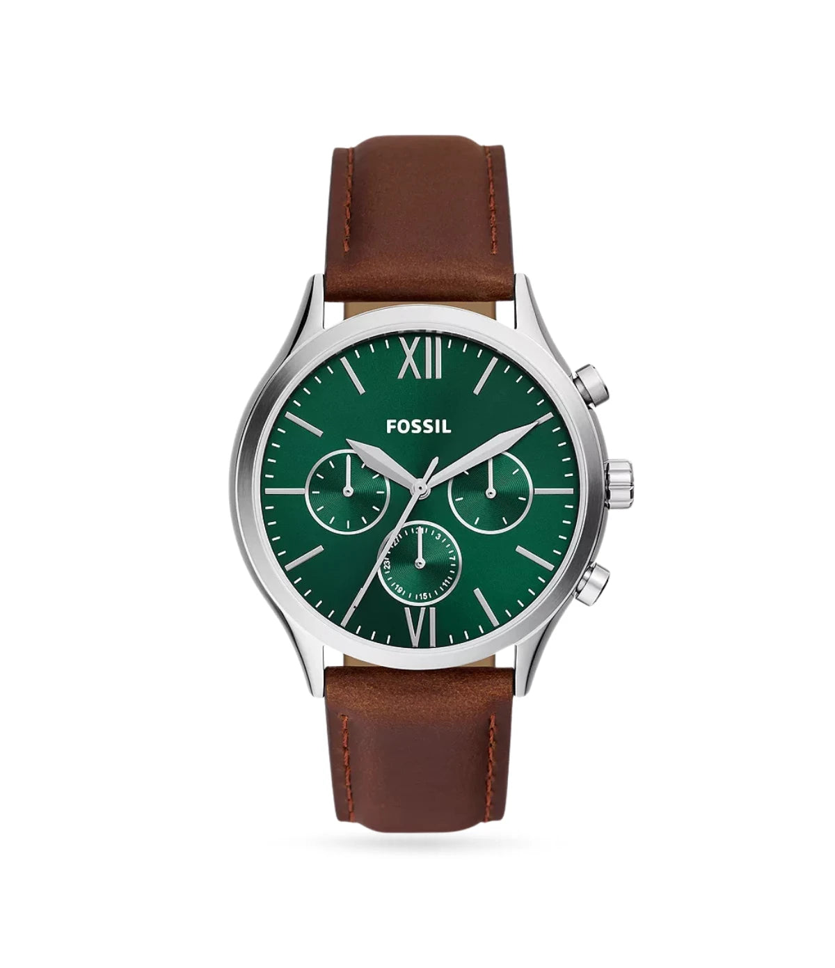Fossil Fenmore 44mm Multifunction Brown Leather Watch BQ2813 front view - men's stainless steel watch with green sunray dial and brown leather strap, available in Sri Lanka at Time Vault