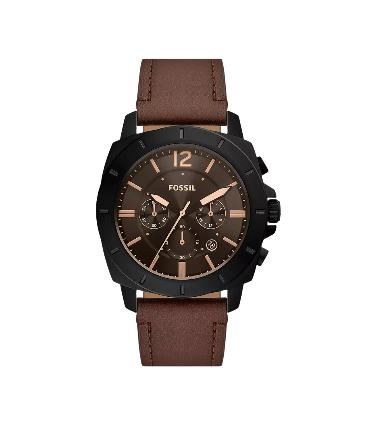 Fossil Privateer Chronograph Brown Leather Watch BQ2820 front view - men's 45mm black sunray dial chronograph with brown leather strap, available in Sri Lanka at Time Vault