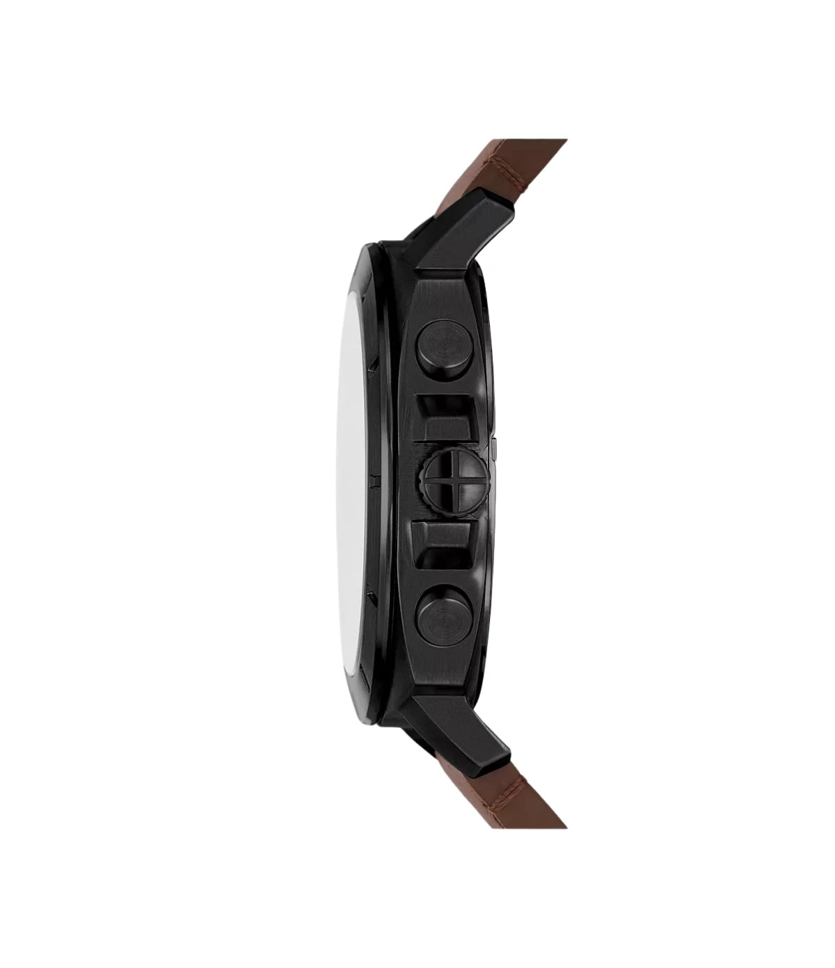 Side profile of the Fossil Privateer Chronograph Brown Leather Watch BQ2820 showing stainless steel case thickness and brown leather strap