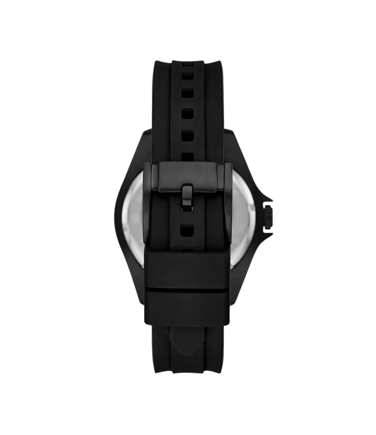 BQ2886 Fossil Dalton Three-Hand Black Silicone Watch back view highlighting the black silicone strap and engraved case back at time vault