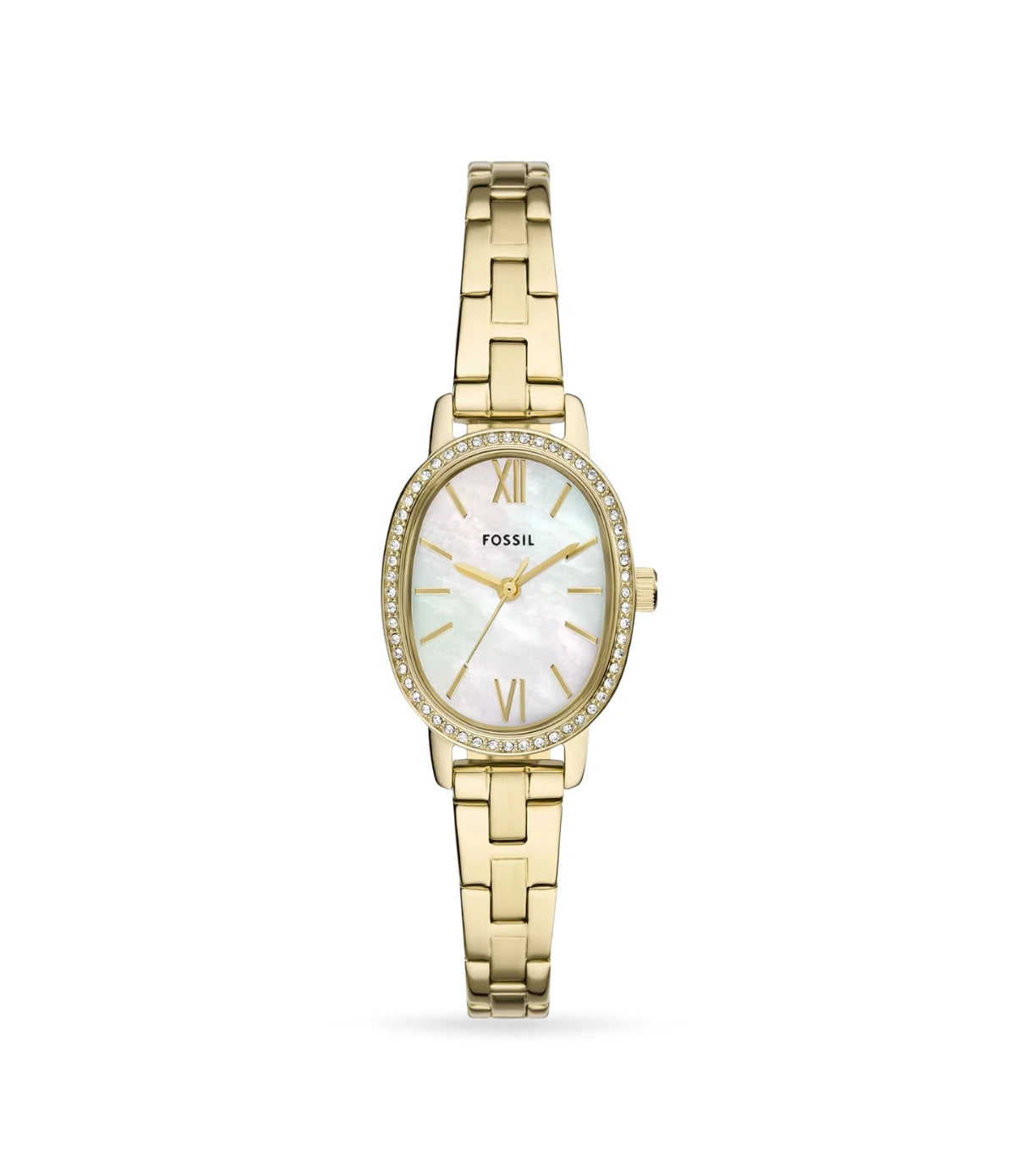 Fossil Penny 23mm Three-Hand Gold-Tone Stainless Steel Watch BQ3976 front view - women's oval case watch with white mother-of-pearl dial, available in Sri Lanka at Time Vault
