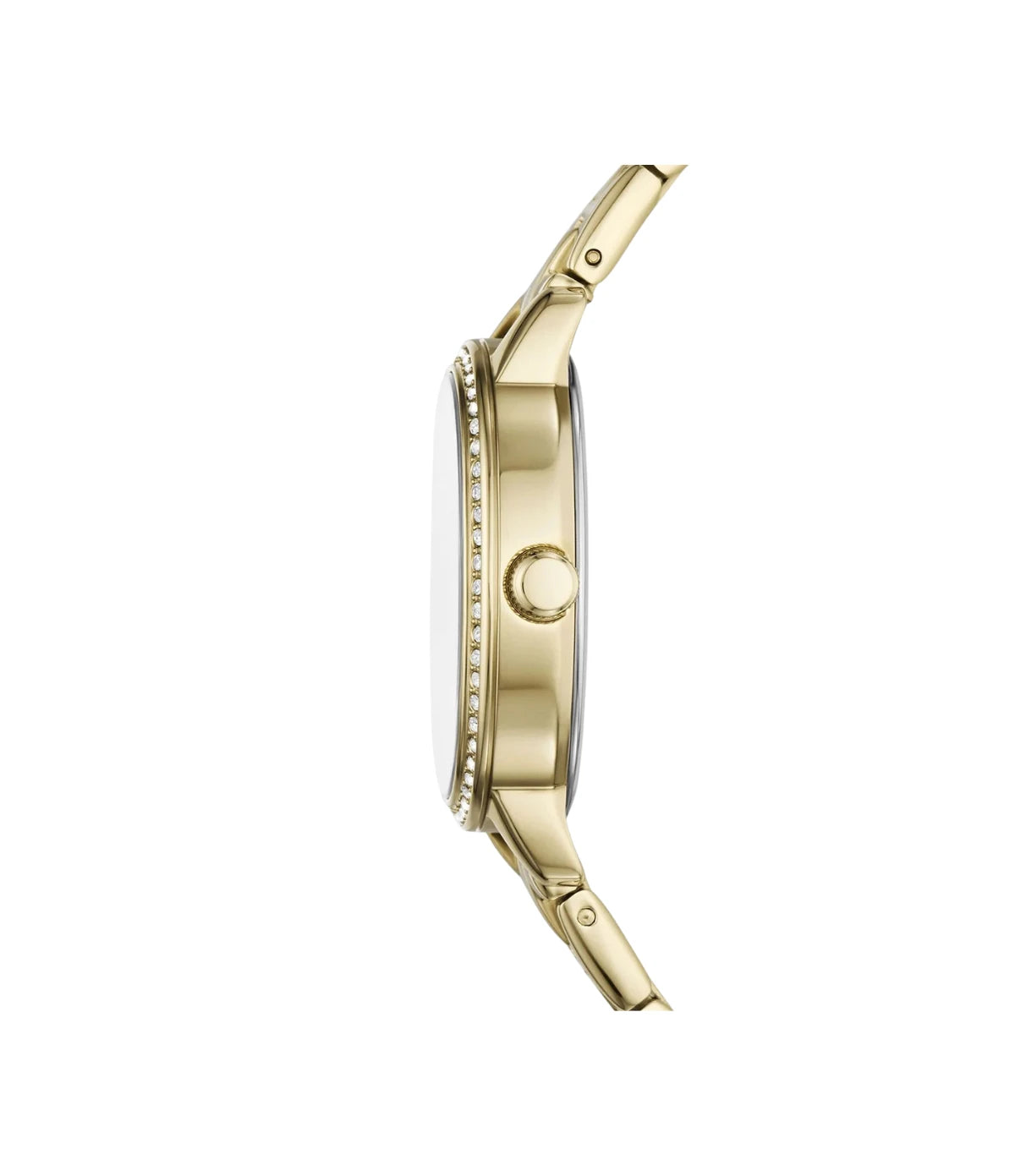 Side profile of the Fossil Penny BQ3976 showing the oval gold-tone stainless steel case and bracelet