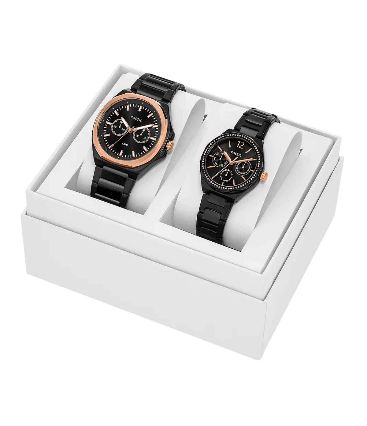 Fossil His and Her Watch Set BQM2645SET presented inside the open gift box, showing both matching black stainless steel watches