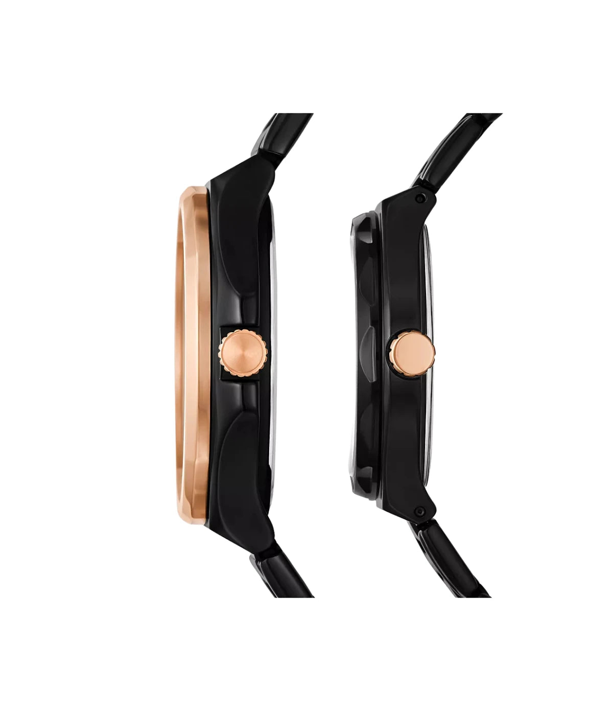 Side profile of the Fossil His and Her Watch Set BQM2645SET showing the black stainless steel cases and bracelets
