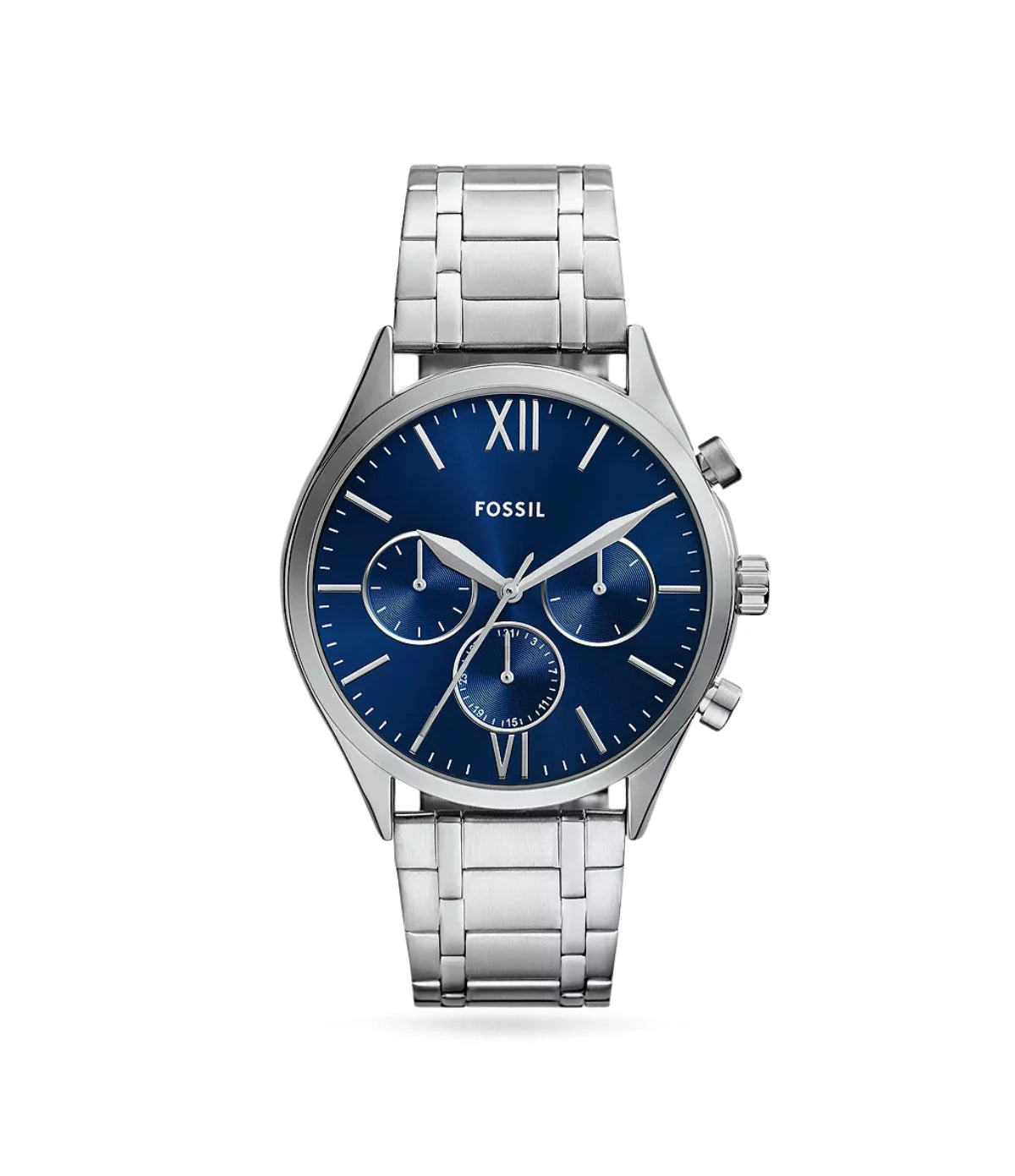 Fossil Fenmore 44mm Multifunction Stainless Steel Watch BQM2808 front view - men's silver watch with blue sunray dial and multiple sub-dials, available in Sri Lanka at Time Vault