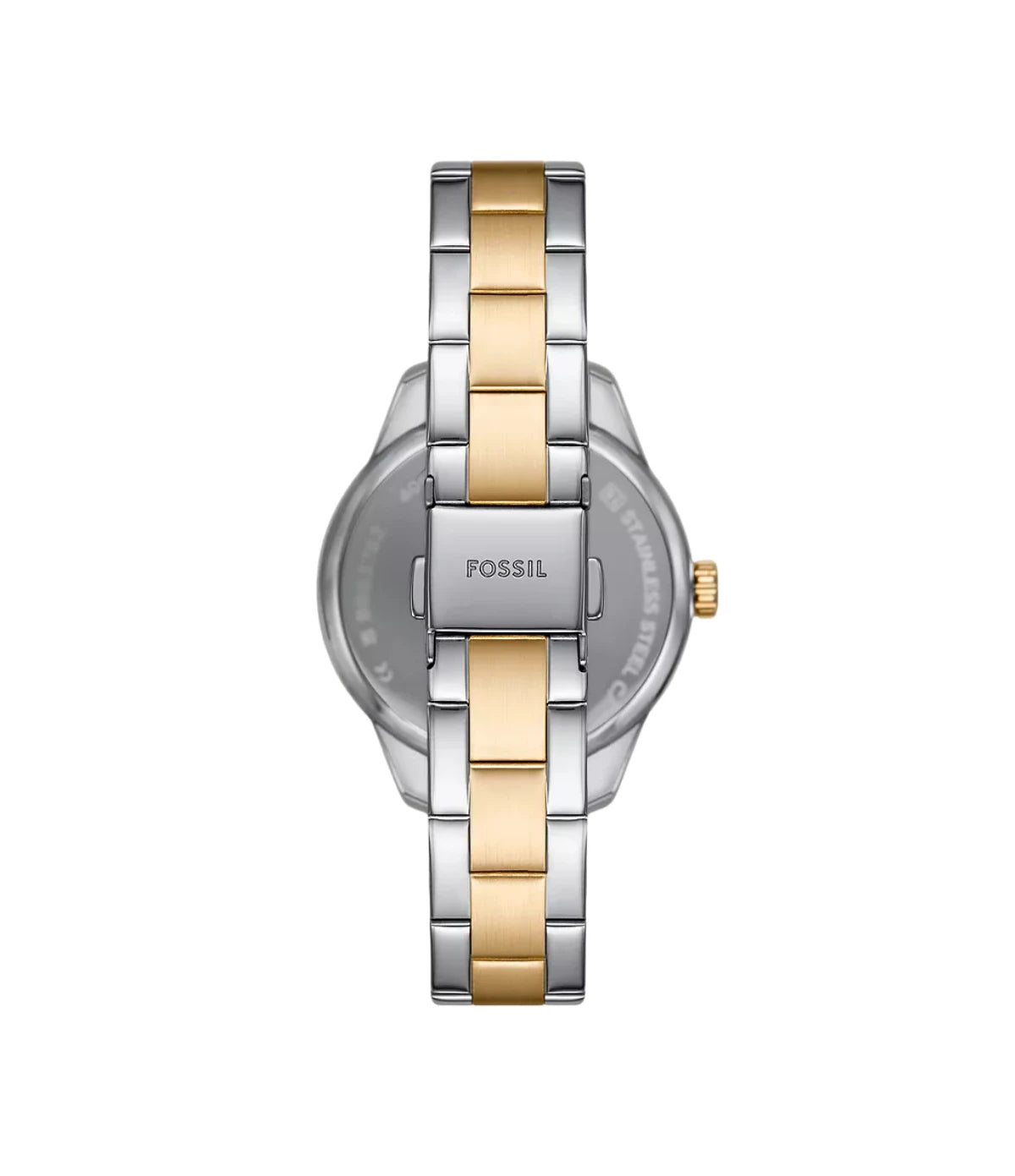 BQW3762 Fossil Rye Multifunction Two-Tone Stainless Steel Watch back view highlighting the mixed silver and gold-tone stainless steel bracelet at time vault