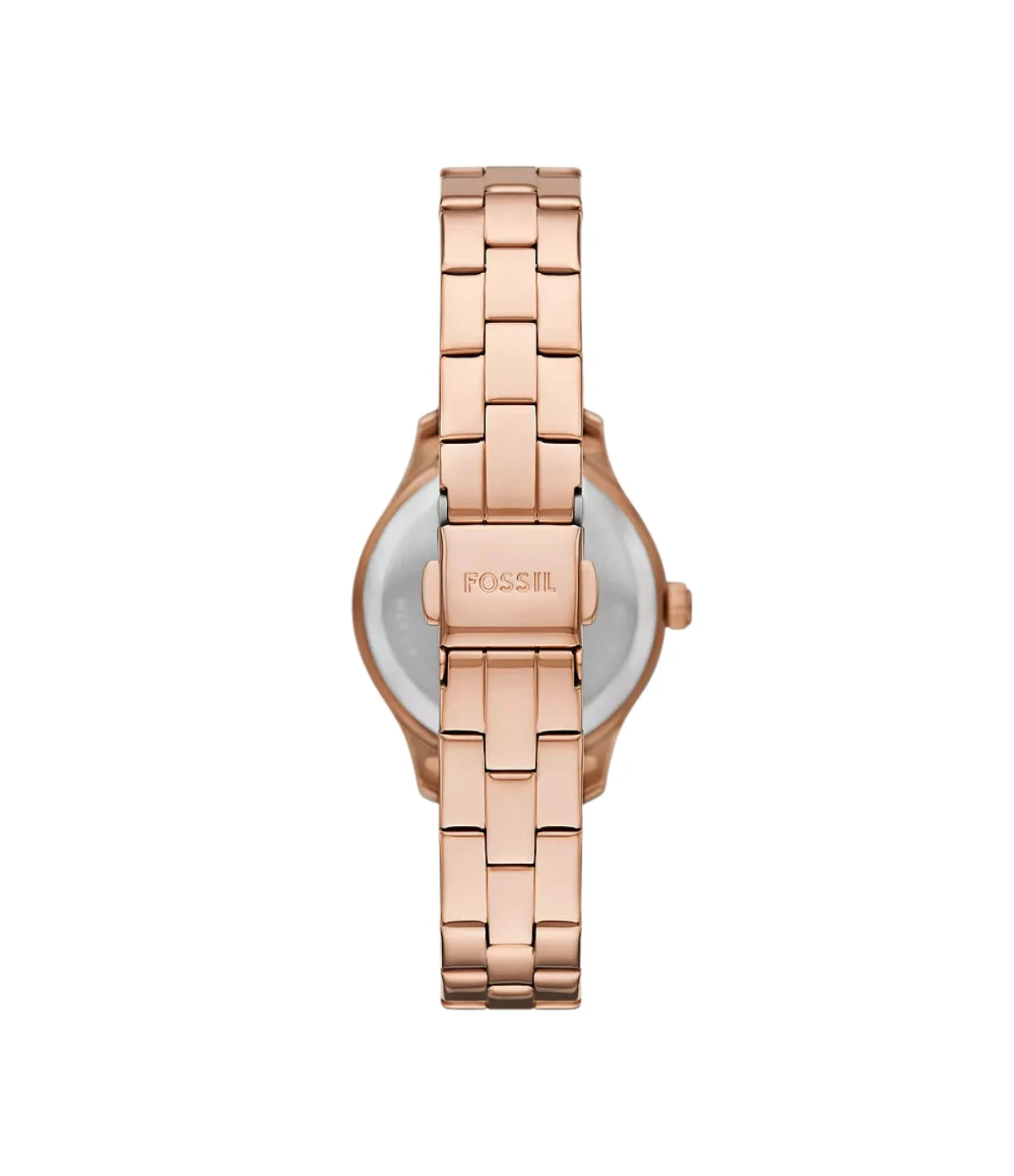 BQW8017 Fossil Brynn Three-Hand Rose Gold-Tone Stainless Steel Watch back view highlighting the rose gold-tone stainless steel bracelet at time vault