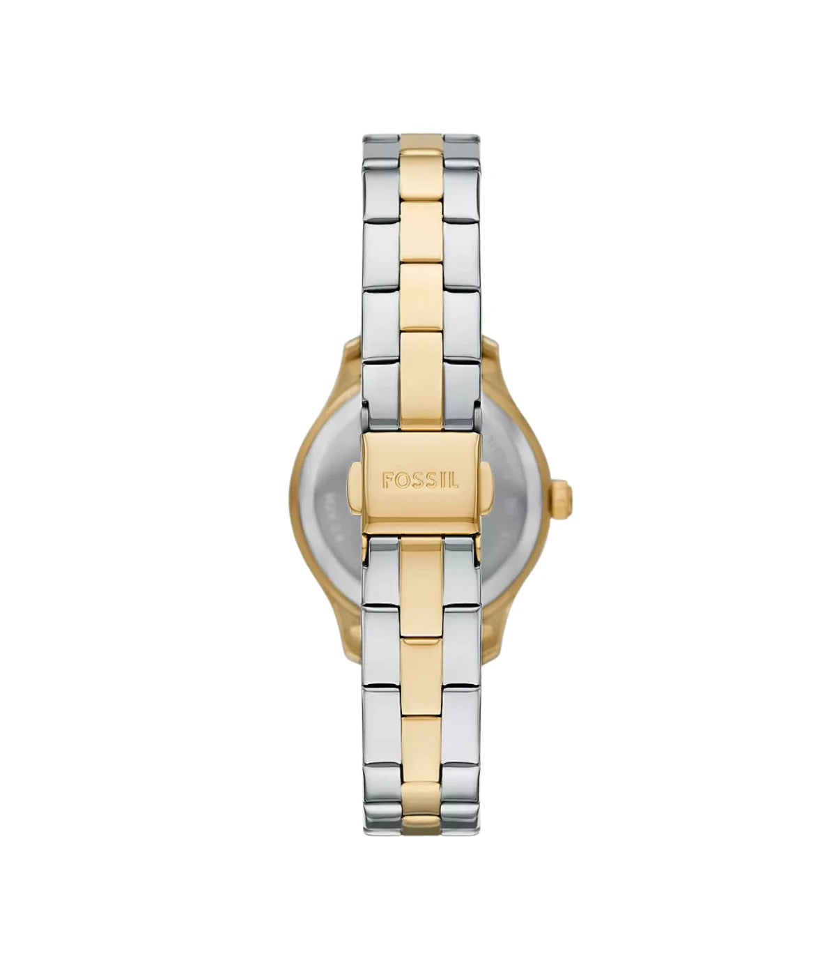BQW8019 Fossil Brynn Three-Hand Two-Tone Stainless Steel Watch back view highlighting the mixed silver and gold-tone stainless steel bracelet at time vault