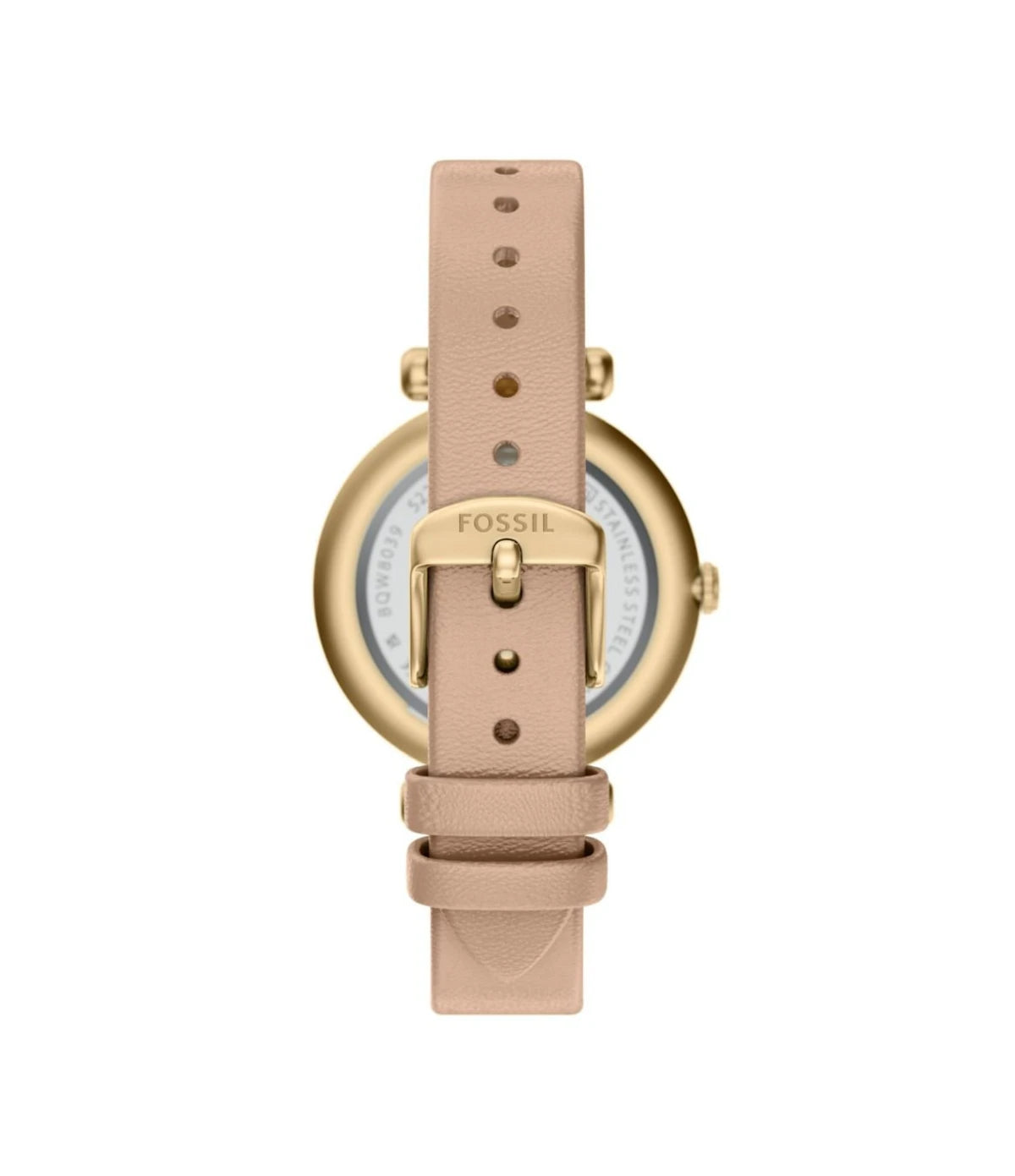 BQW8039 Fossil Tillie Nude Leather Watch with Peach Dial 36mm back view highlighting the nude genuine leather strap and engraved case back at time vault