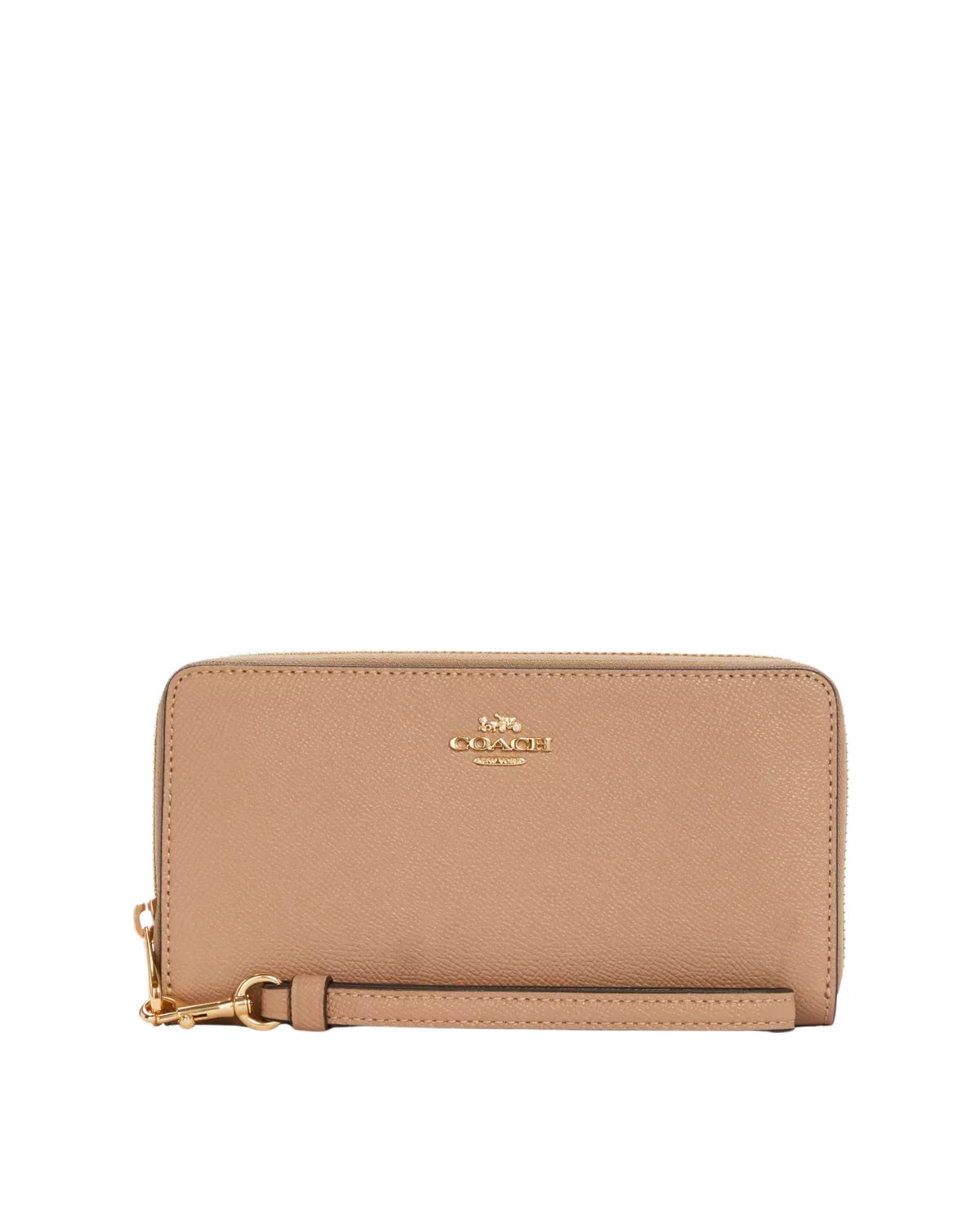 Front view of the Coach Long Zip Around Wallet in black refined pebble leather featuring the iconic Coach logo.