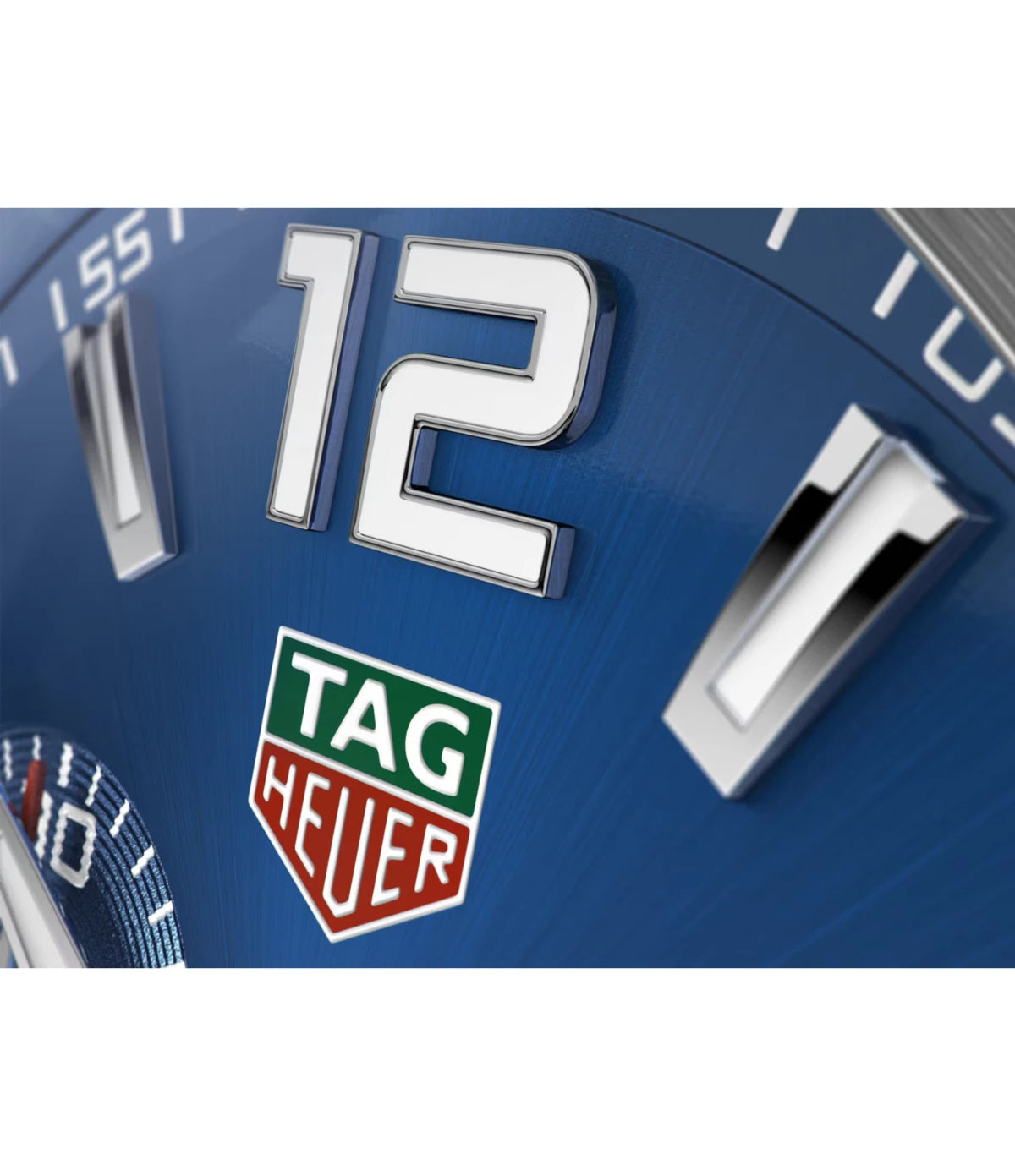 Close-up of the blue sunray-brushed dial on the TAG Heuer Formula 1 Chronograph CAZ101K.BA0842 showing applied indexes and chronograph counters