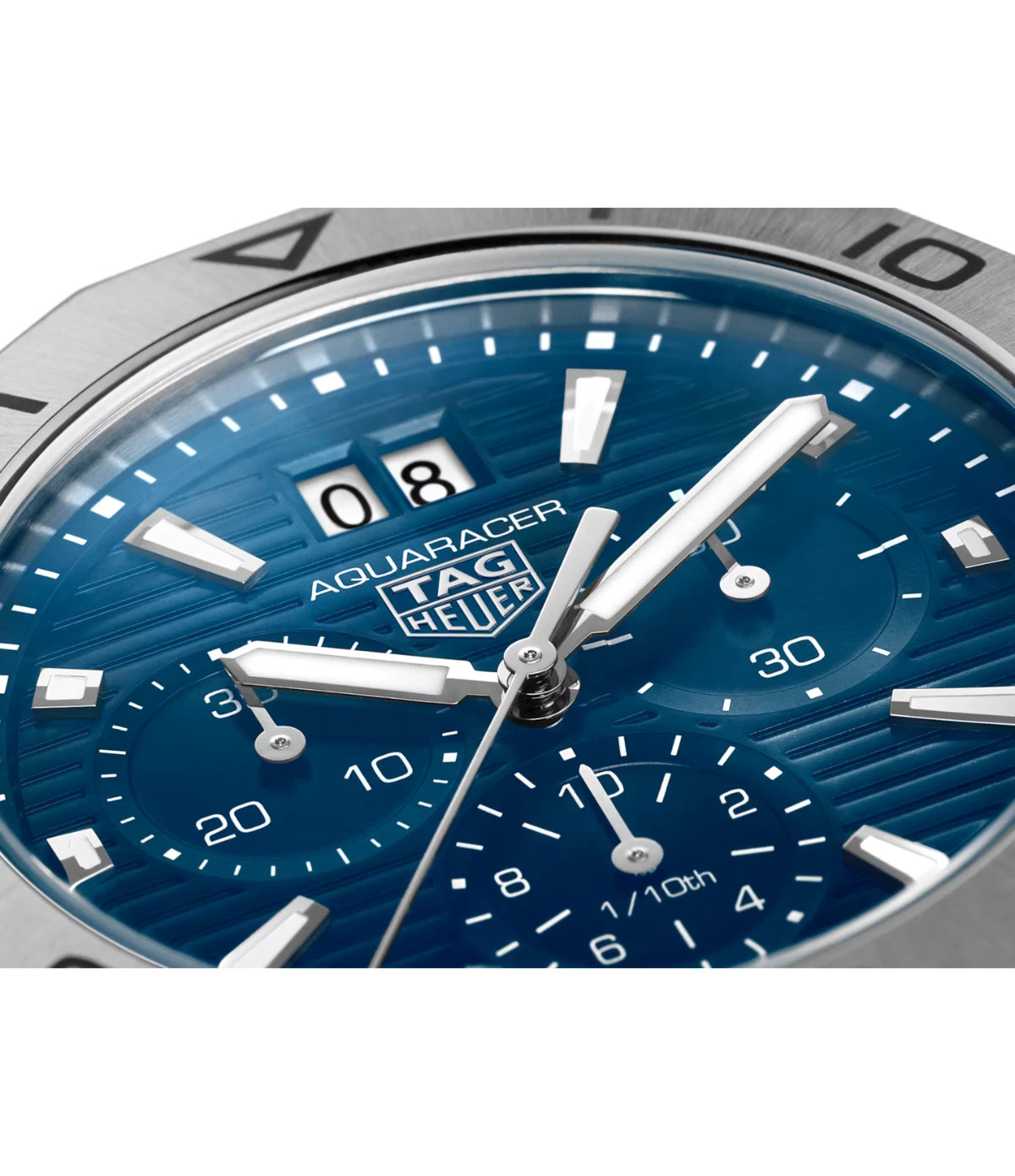 Close-up of the intense blue sunray brushed dial on the TAG Heuer Aquaracer Professional 200 Chronograph CBP1113.BA0627 showing the big date at 12 o'clock and luminous hour markers