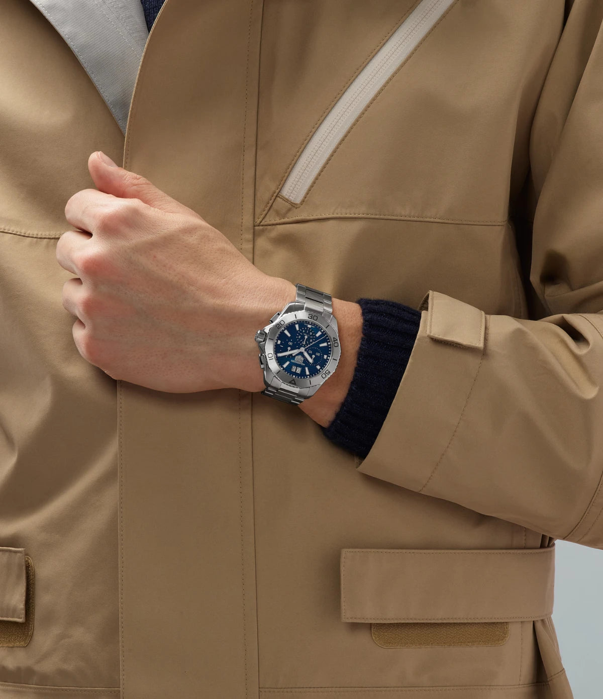 TAG Heuer Aquaracer Professional 200 Chronograph CBP1113.BA0627 worn on the wrist, showing 40mm case proportions and radiant blue dial