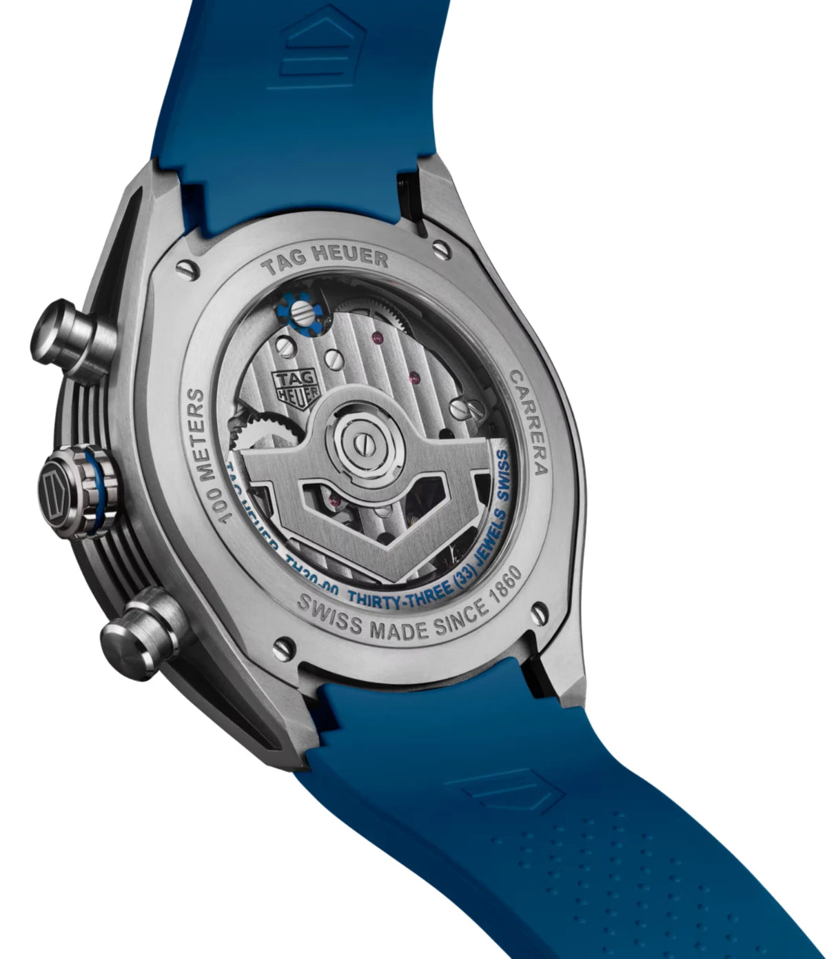 Sapphire caseback of the TAG Heuer Carrera Chronograph Extreme Sport CBU2081.FT6274 revealing the in-house TH20-00 automatic movement