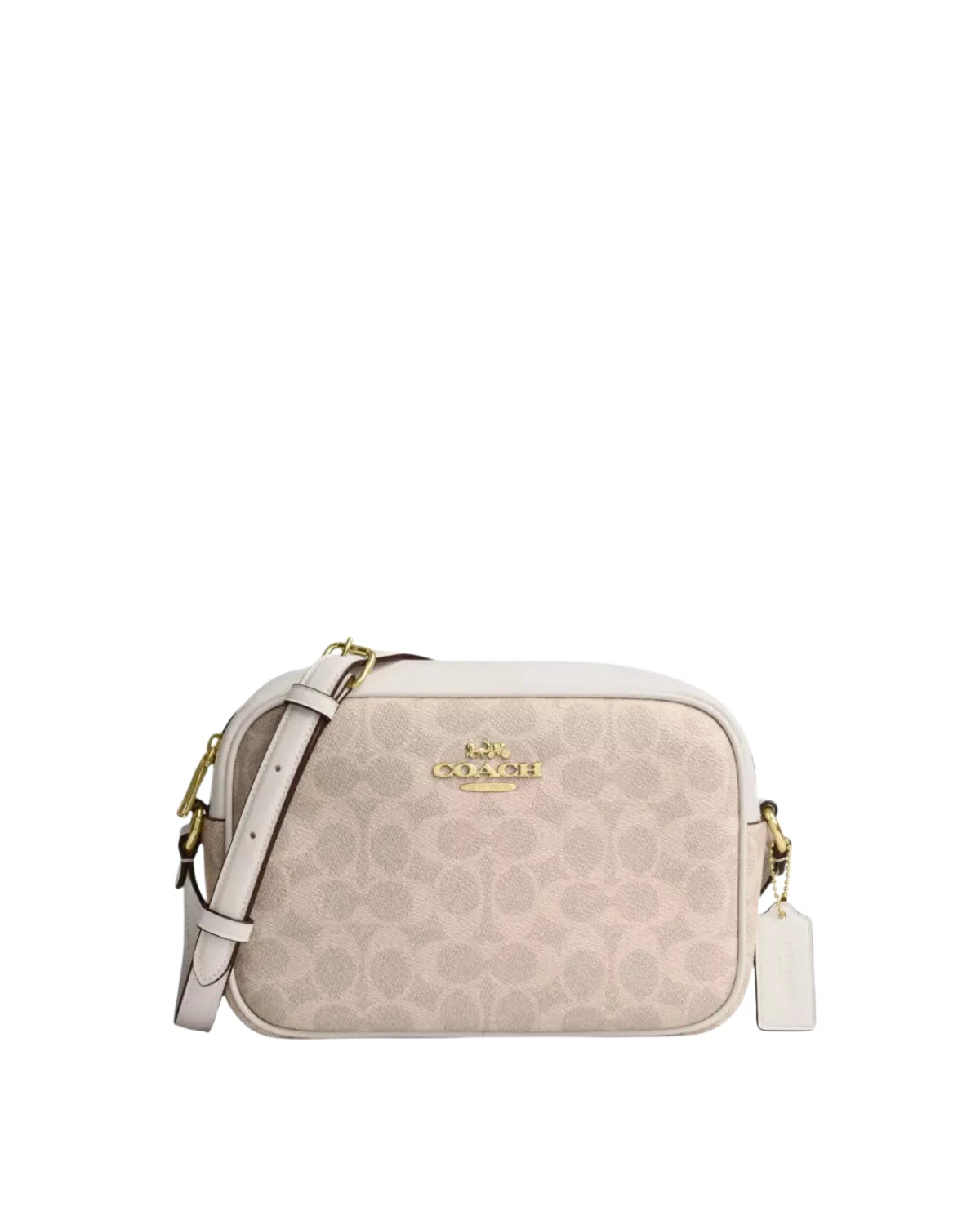 Front view of the Coach Jamie Camera Bag in Signature Canvas featuring the Sand/Chalk Brown colorway with refined leather trim and signature Coach hardware.