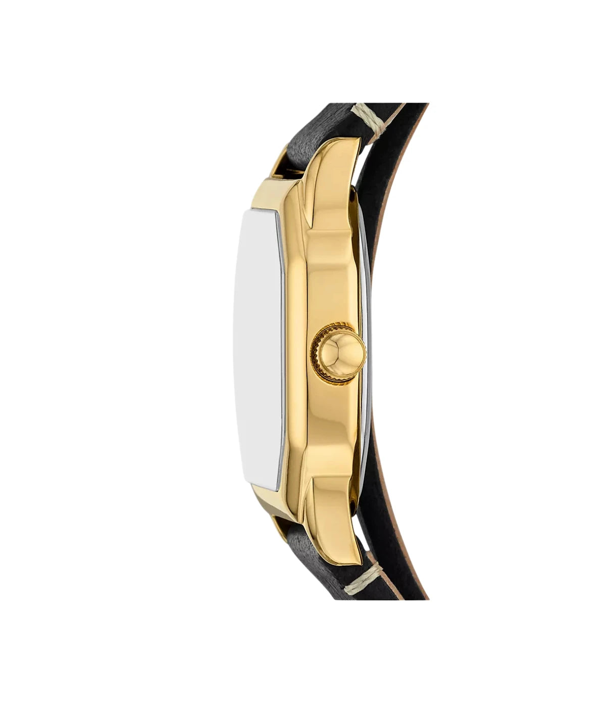 Side profile of the Fossil Harlow ES5404 showing the octagonal polished gold-tone stainless steel case and black double-wrap leather strap