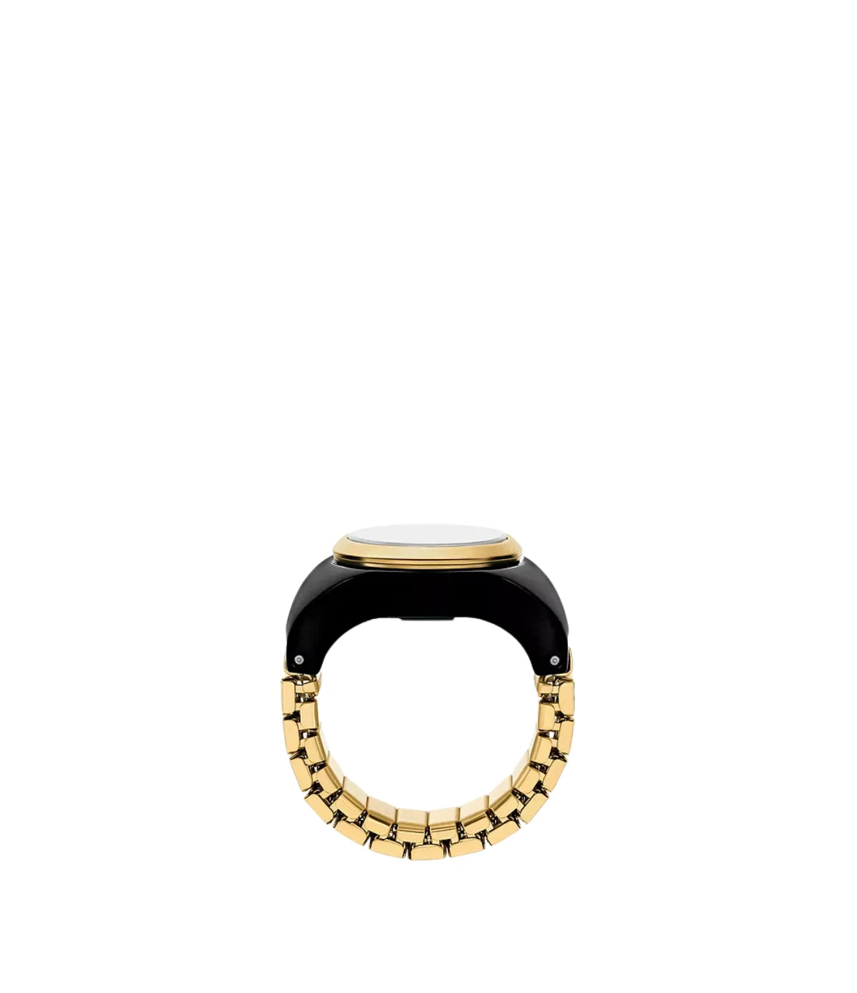 Angled view of the Fossil Watch Ring ES5413 highlighting the black enamel dial and gold-tone stainless steel finish