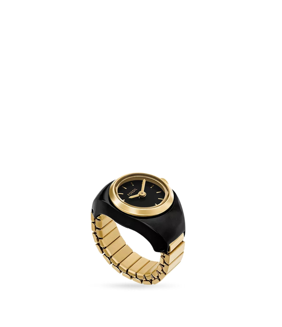 Side profile of the Fossil Watch Ring ES5413 showing the 15mm gold-tone stainless steel case and expansion band