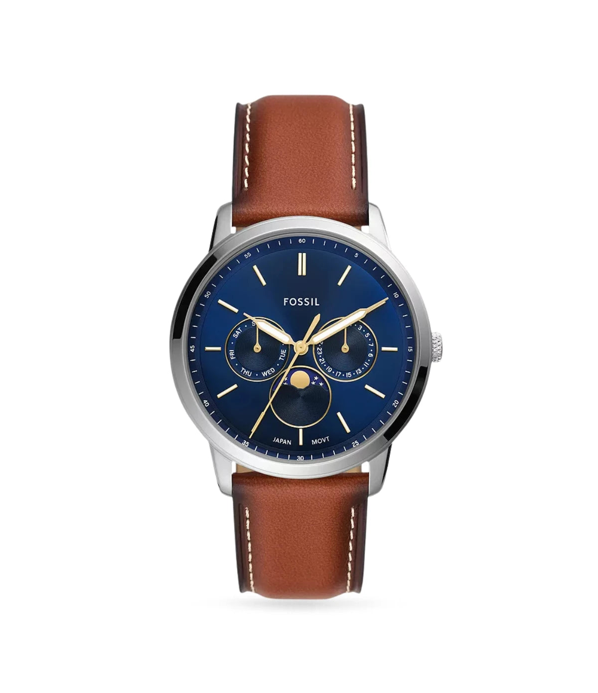 Fossil Neutra 42mm Moonphase Multifunction Brown Leather Watch FS5903 front view - men's silver stainless steel watch with blue sunray dial and moonphase display, available in Sri Lanka at Time Vault