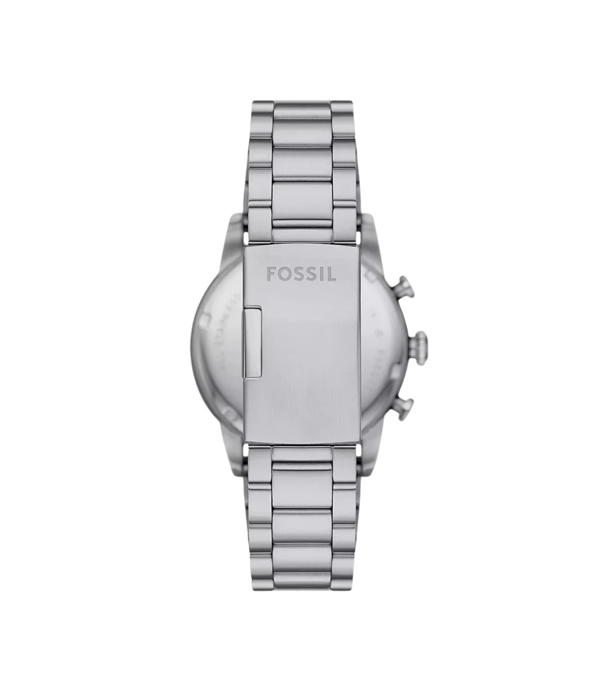 FS6047 Fossil Sport Tourer Chronograph Stainless Steel Watch back view highlighting the silver stainless steel bracelet and fold-over clasp at time vault