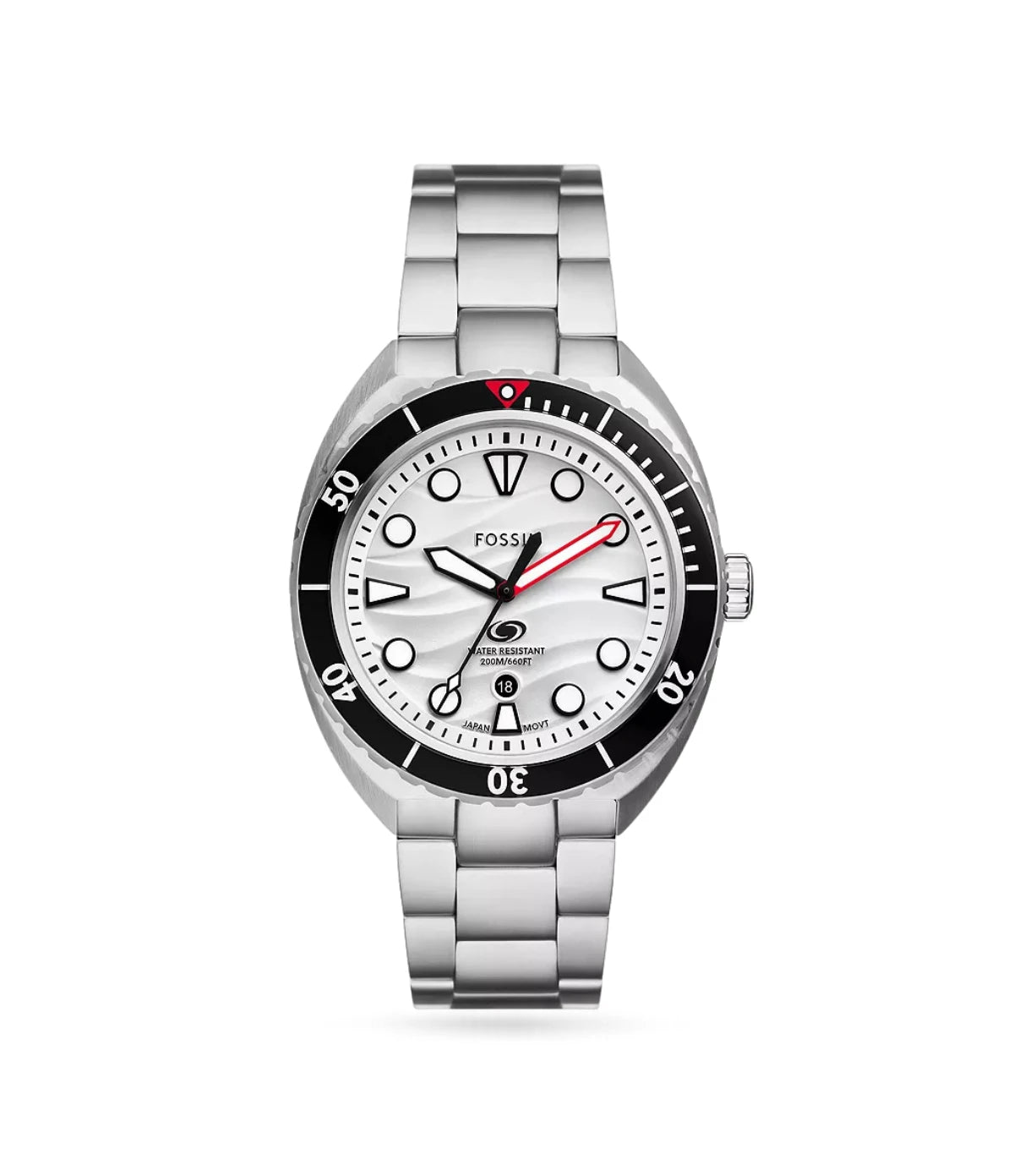 Fossil Breaker 42mm Three-Hand Date Stainless Steel Watch FS6063 front view - men's silver watch with white textured dial, available in Sri Lanka at Time Vault