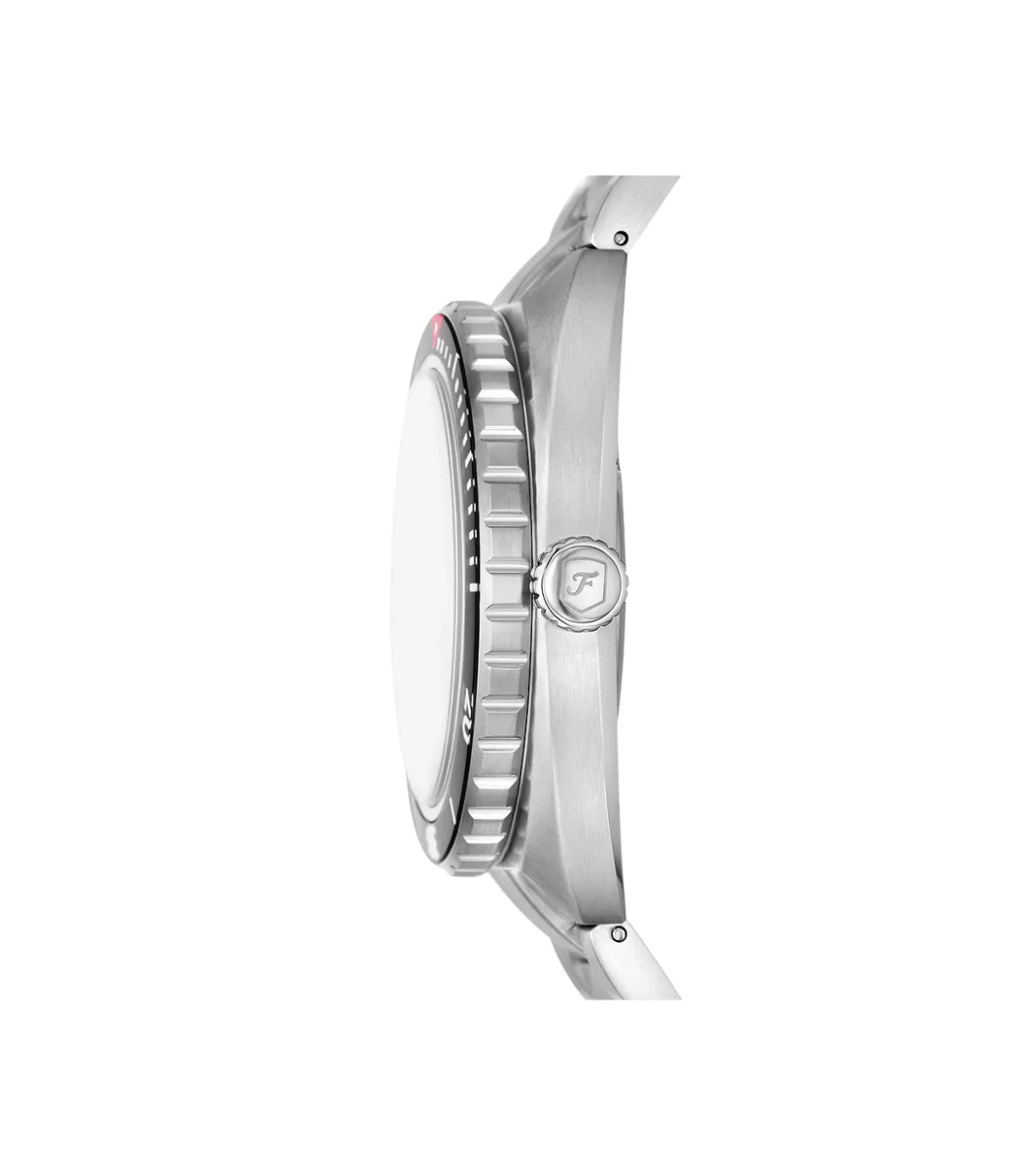 Side profile of the Fossil Breaker FS6063 showing the barrel-shaped stainless steel case and bracelet