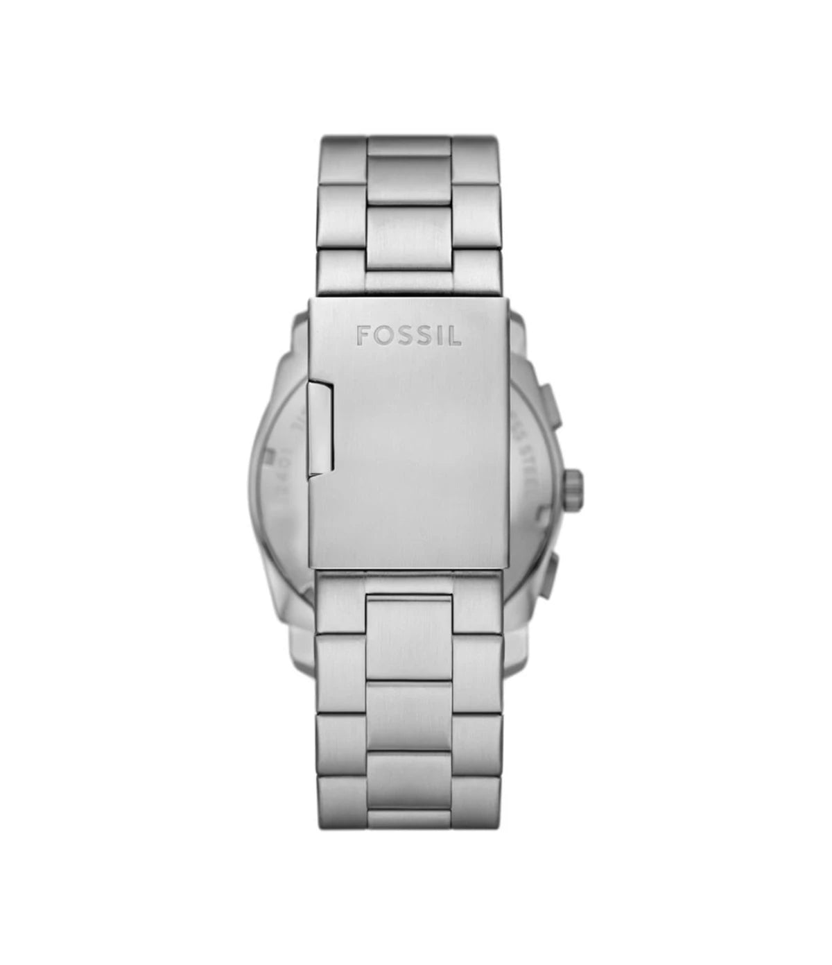 FS6079 Fossil Machine Chronograph Stainless Steel Watch back view highlighting the silver stainless steel bracelet and deployant clasp at time vault