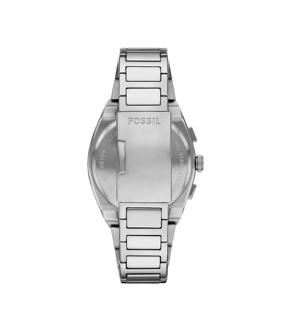 FS6105 Fossil Everett Chronograph Stainless Steel Watch back view highlighting the silver H-link stainless steel bracelet and deployant clasp at time vault