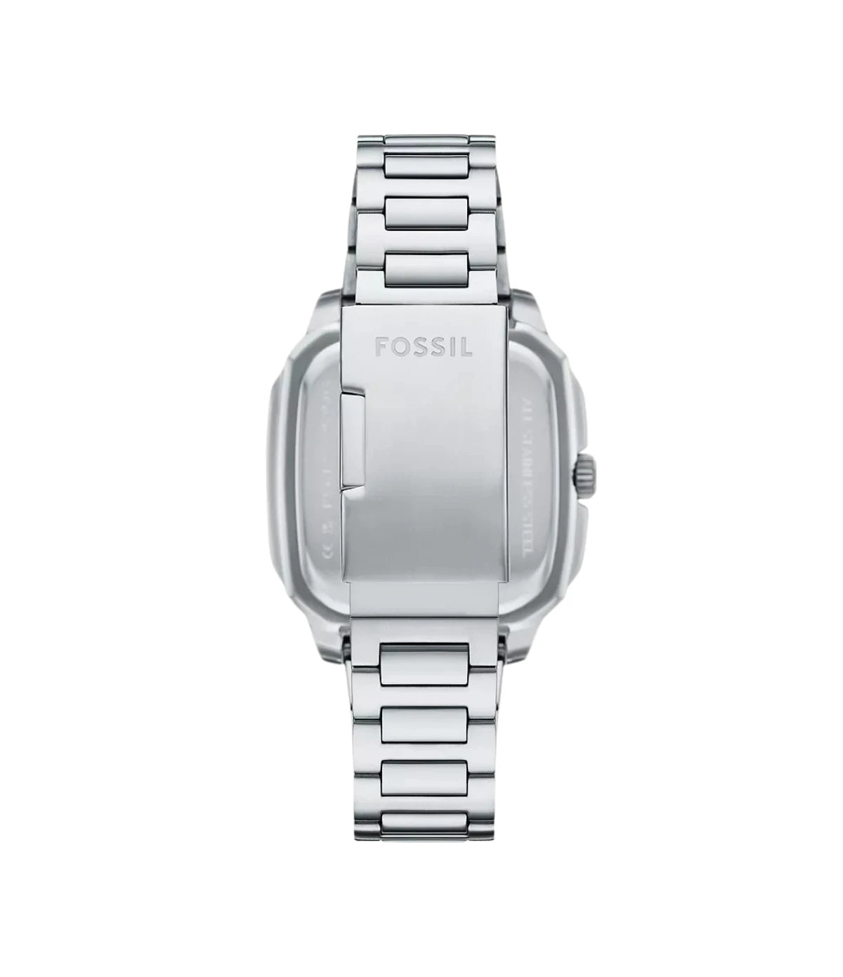 FS6121 Fossil Crosby Three-Hand Date Stainless Steel Watch back view highlighting the solid silver stainless steel bracelet and deployant clasp at time vault