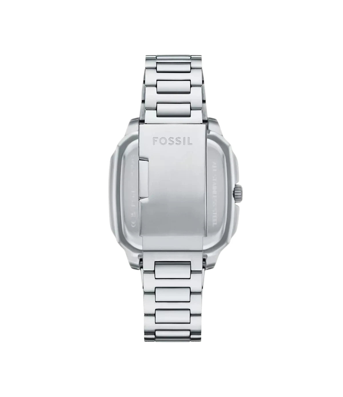 FS6122 Fossil Crosby Three-Hand Date Stainless Steel Watch back view highlighting the solid stainless steel bracelet and deployant clasp at time vault