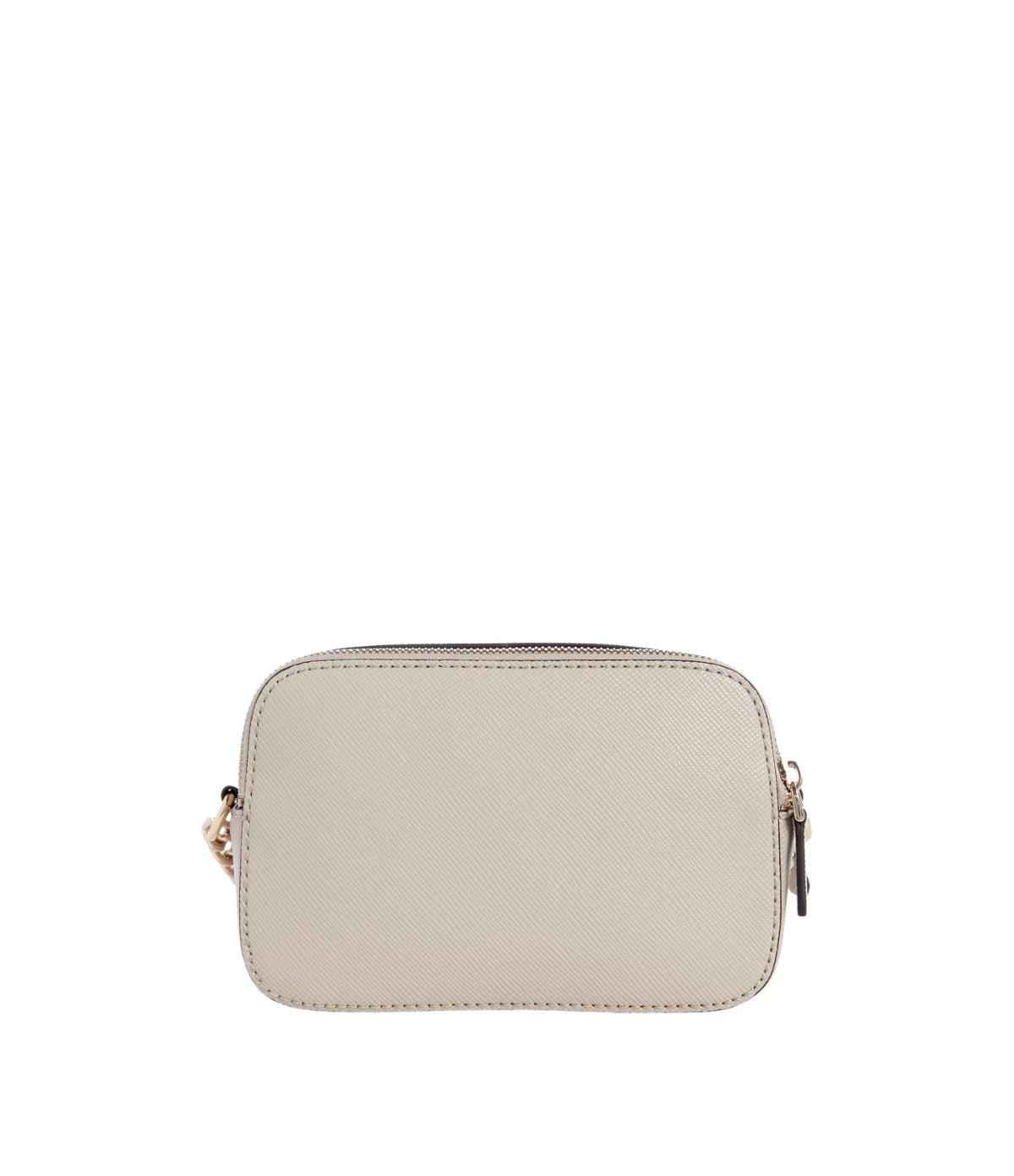Back view of the Guess Grey Noelle Crossbody Camera Bag showing the exterior zip pocket and pale gold hardware