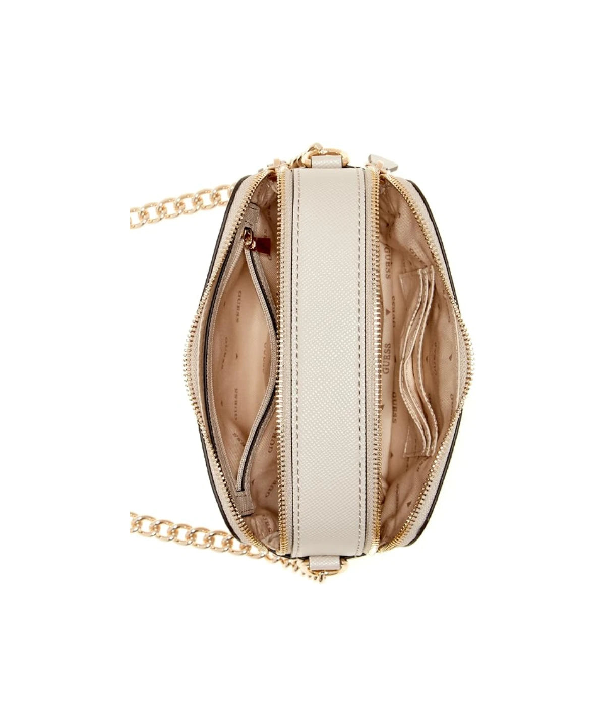 Open view of the Guess Grey Noelle Crossbody Camera Bag showing polyester lining, interior zip pocket and credit card slots