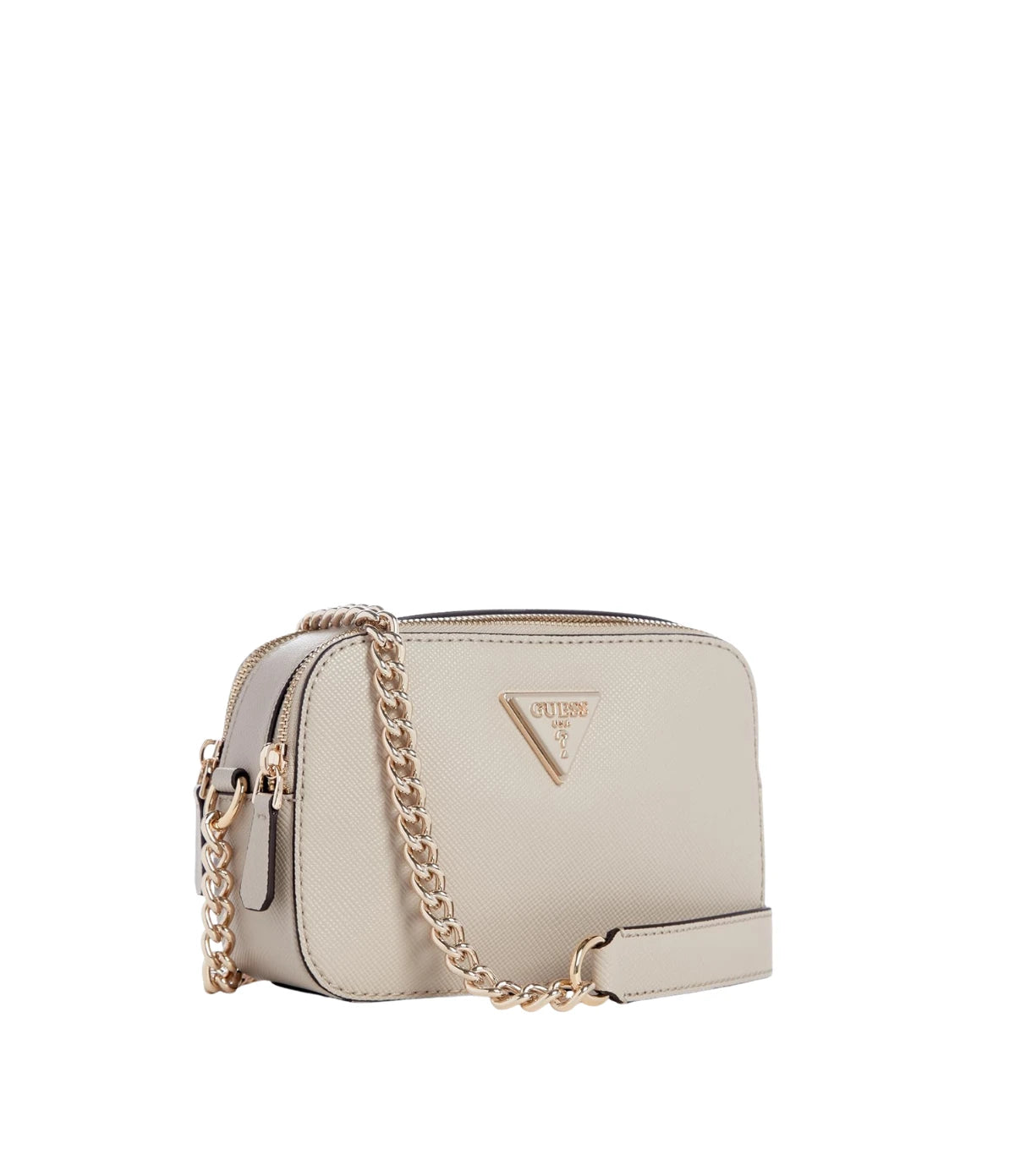 Side profile of the Guess Grey Noelle Crossbody Camera Bag showing pebble PU texture and compact camera bag silhouette