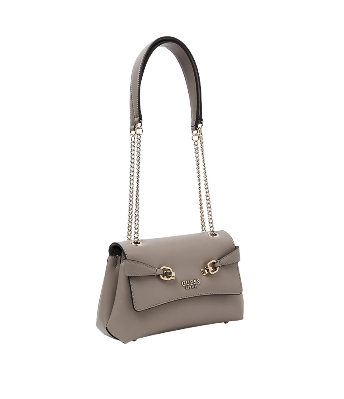 Side profile of the Guess Lorelei Convertible Crossbody Flap Bag Dark Taupe HWVG9639210 showing faux leather texture and bag depth