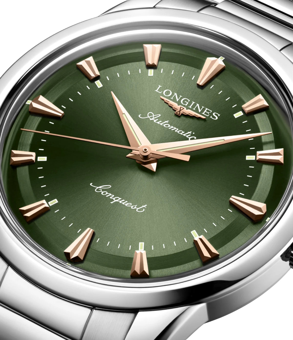 Close-up of the green lacquered polished dial on the Longines Conquest Heritage 40mm L1.650.4.02.6 showing Swiss Super-LumiNova indexes
