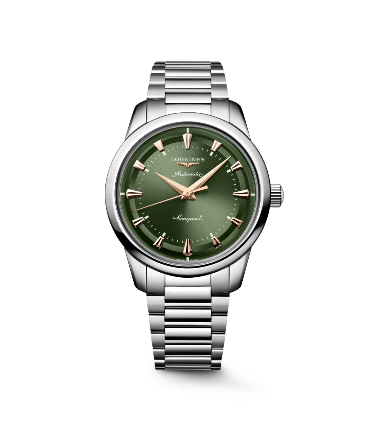 Longines Conquest Heritage 40mm L1.650.4.02.6 front view - men's vintage-inspired stainless steel automatic watch with green lacquered dial, available in Sri Lanka at Time Vault