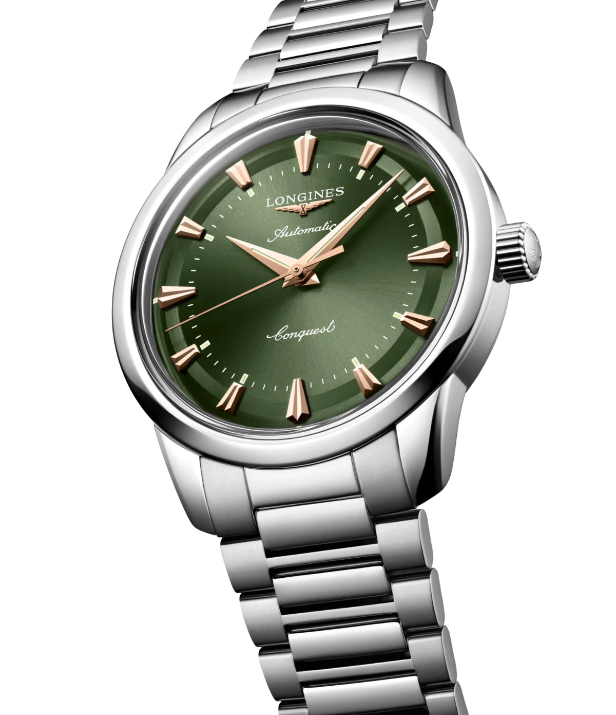 Side profile of the Longines Conquest Heritage 40mm L1.650.4.02.6 showing stainless steel case and 1950s-inspired silhouette