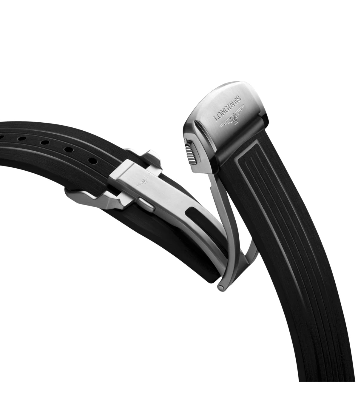 Longines HydroConquest 2026 Commonwealth Games L3.788.4.09.9 close-up black rubber strap with double security folding clasp open showing micro adjustment system at time vault