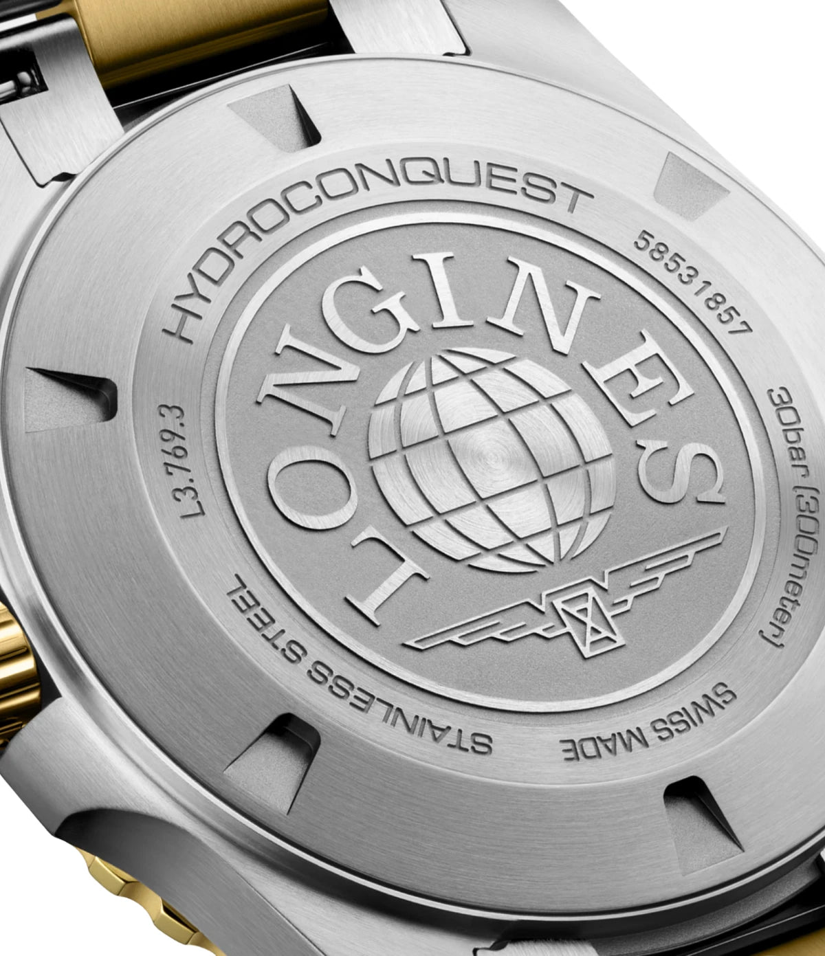 Close-up of the screw-down caseback engraving on the Longines HydroConquest 42mm L3.769.3.96.7 quartz dive watch